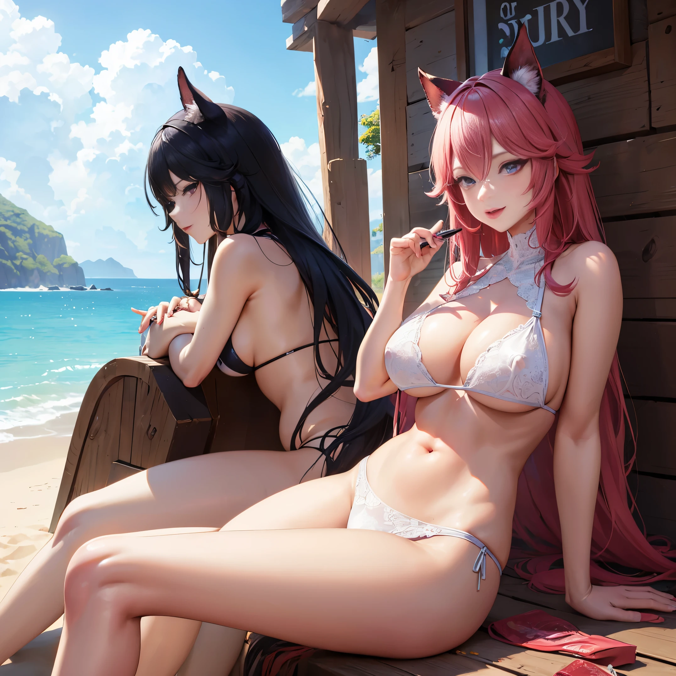 masterpiece,extremely detailed,CG,2k wallpaper,Amazing,finely detail,extremely detailed CG unity 8k wallpaper,huge filesize,ultra-detailed,shenzi,2girls,red hair,long hair,smile,bikini, beach