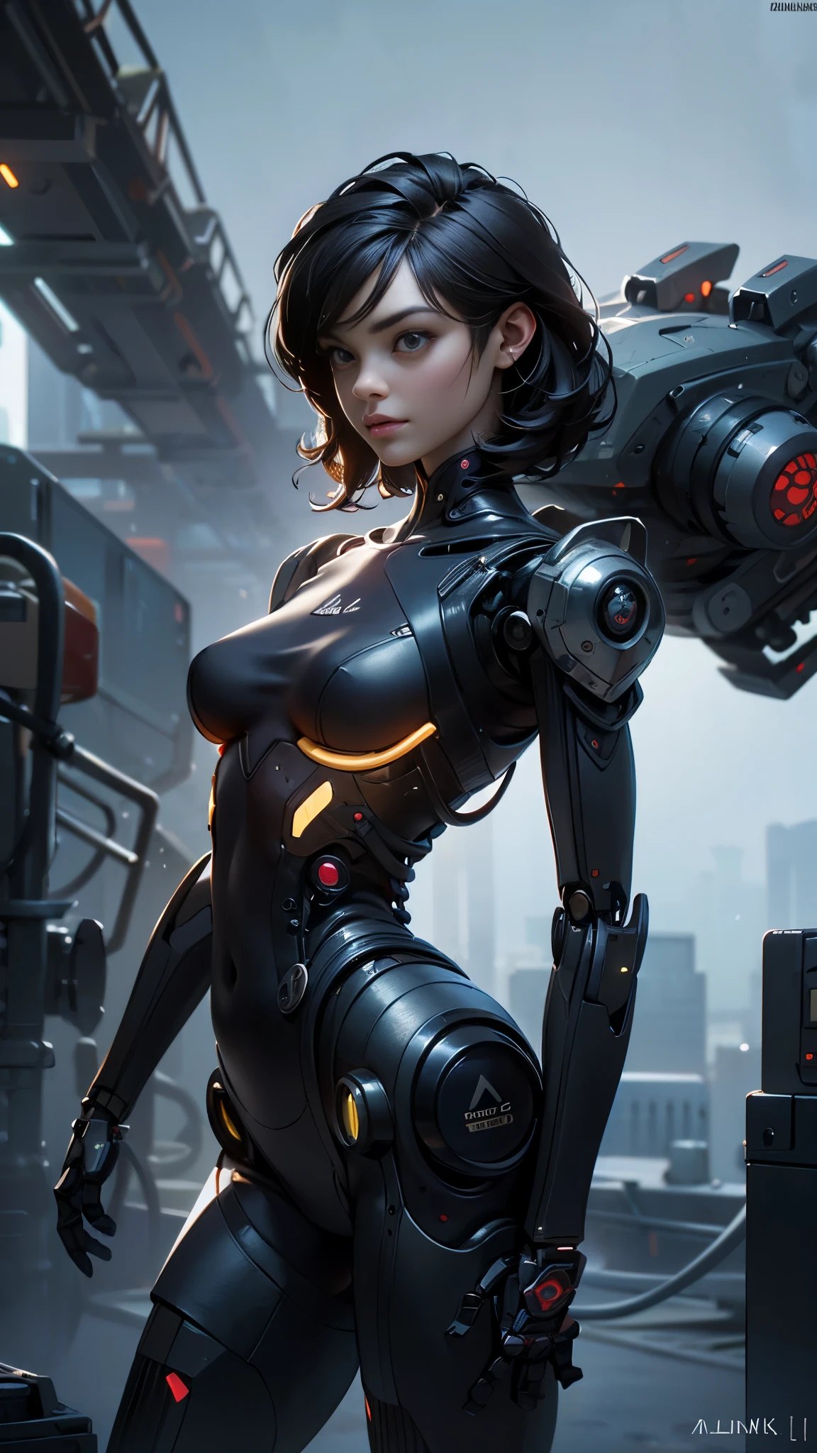 (La mejor calidad,A high resolution,Ultra - detallado,actual),super-hero girl ("elle fanning"), (cuerpo delgado:1.3), Emisivo, Espumoso, neon, (Correct anatomy:1.4), (fondo ciudad Tokio cyberpunkAI apocalyptic:1.4) ,(robotic organs:1.4), pelo corto de duendecillo ,(hermosos ojos azules), (pose vaquero ), (realistic) ,Arte detallado de alta calidad 8K, Fanart Mejor ArtStation, Fantasy art style , (Perfect anatomy )