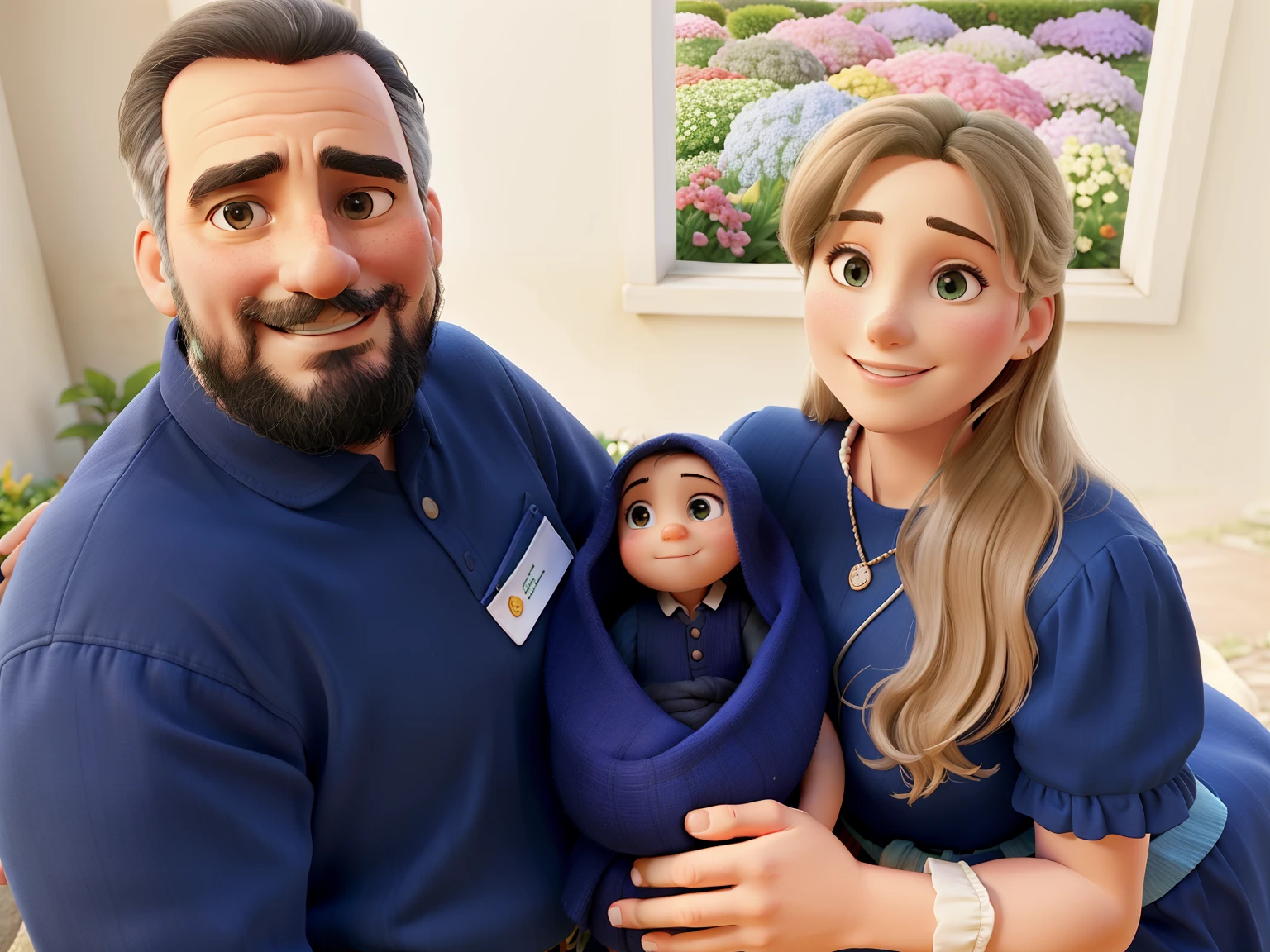 A beautiful garden in the background of the image with the father and mother holding their newborn baby