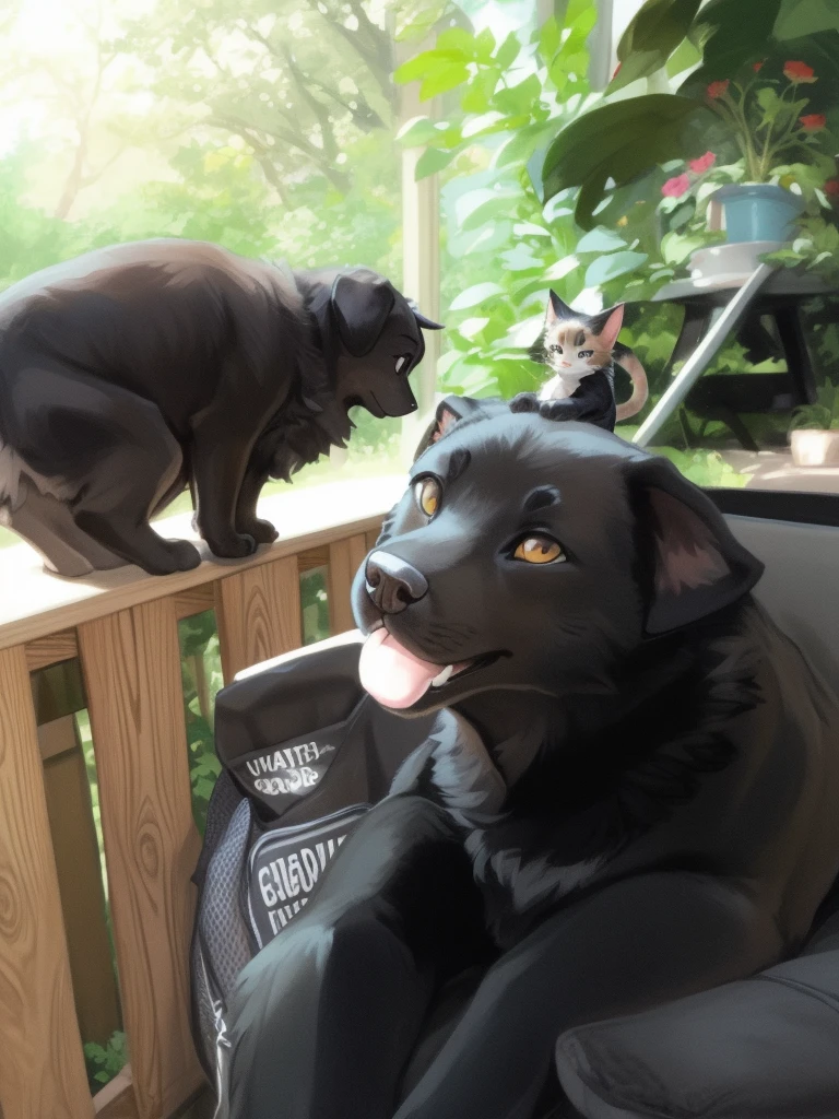 there is a black dog and a cat sitting on a porch, tiny cat riding a labrador, both smiling for the camera, menacing!, mischievous!!, smokey, looking off to the side, very silly looking, looking from side!, cat on top of dog, looking to the side, proud looking away, posing for camera, cat dog teddy mix