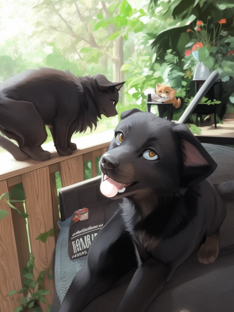 there is a black dog and a cat sitting on a porch, tiny cat riding a labrador, both smiling for the camera, menacing!, mischievous!!, smokey, looking off to the side, very silly looking, looking from side!, cat on top of dog, looking to the side, proud looking away, posing for camera, cat dog teddy mix