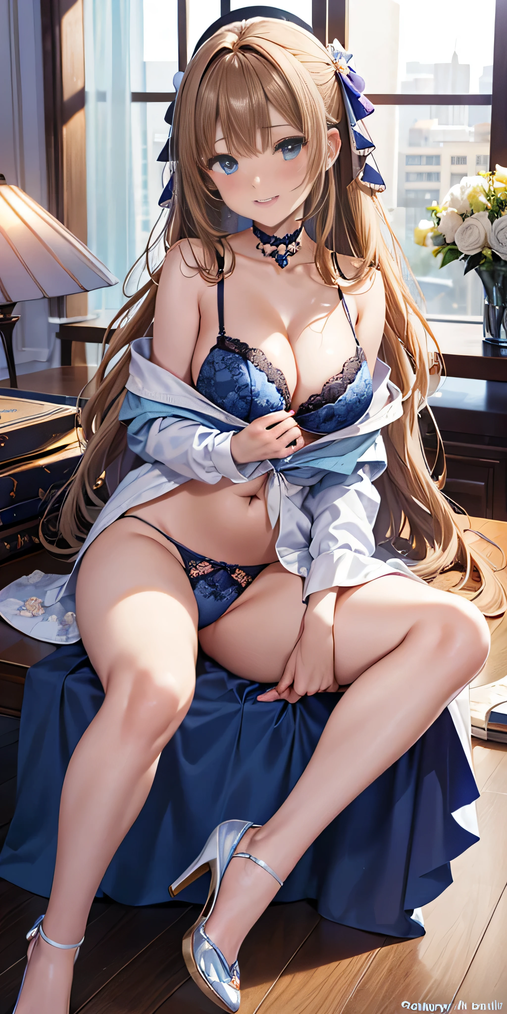 table top, highest quality, Highly detailed CG Unity 8K wallpaper, sexy witch , long dark blonde wavy hair、off shoulder knit, dark blue pleated skirt, medium milk, saggy breasts, cleavage, blush, shy smile, bare shoulders, (Light blue floral pattern pants on a white background、、Light blue floral pattern bra on white background、show panties、((open your legs))）high heels、nice magic book、luxury hotel bedroom、sexy pose、Sit on the floor、side boob、