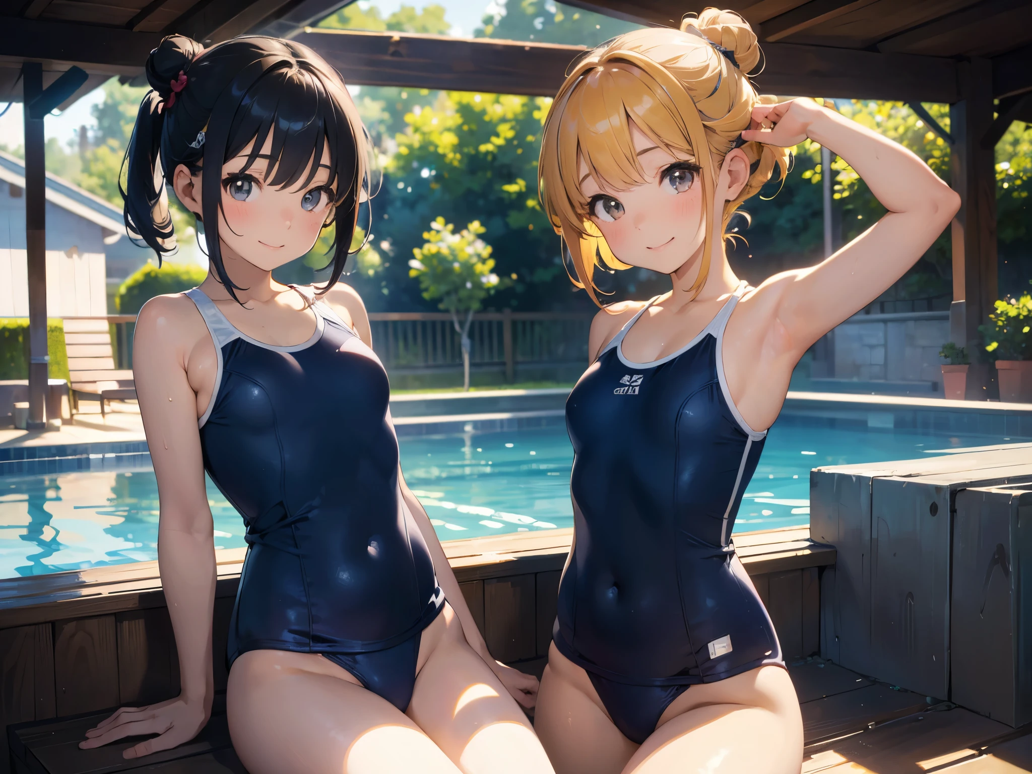 best picture quality, 8K, high quality, masterpiece:1.2), ((masterpiece)), (high detail, high quality, best picture quality), bokeh, DOF, Portrait, open stance, (cute illustration:1.2), (small size breast), inside poolside, sunny days, sitting, beautiful light, (2 girls with various hair color and hair style:1.3), (dark navy school swimsuit,), cute face girl, sexy, smile, armpits, little child, , very short cut hair, bun hairstyle,