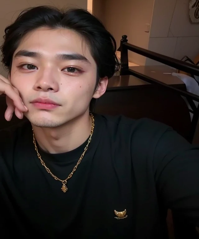 Taehyung com uma camisa preta e uma corrente de ouro, Taehyung comendo batatas fritas Gucci, hyung tae, ele tem cabelos grisalhos escuros, BTS, Kim Taehyung, Wan lovely Korean face, adorable and pale korean face, homem sul-coreano, Hyung Tae, bonito, Prince, androgen, Jovem, com roupas de branco, Todos do Grupo BTS, inspirado em Kim Taehyung