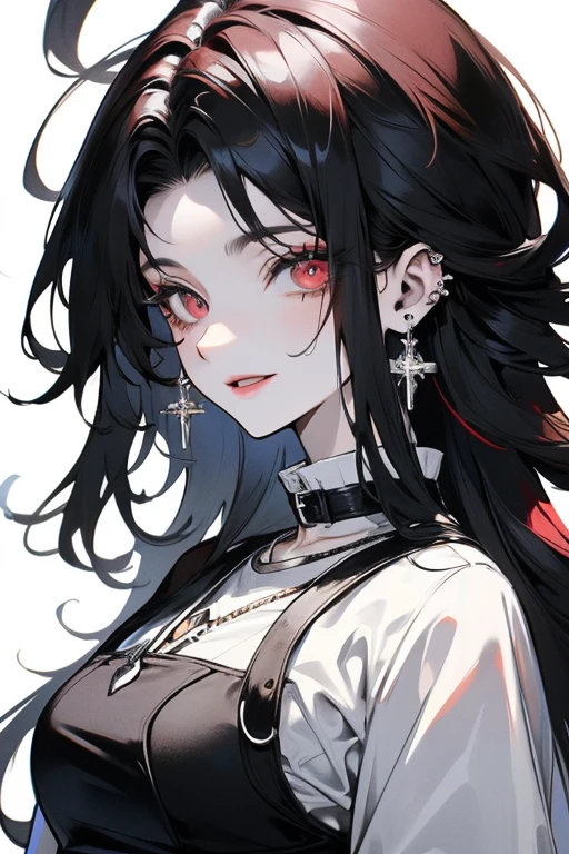 ((最高品質)), ((傑作)), (詳しい), 完璧な顔female, woman, hopeful, smiling, looking at viewer, long hair, wave hair, black hair, red eyes, eyes open, big eyes, pale skin, fair skin, shiny skin, detailed skin, detailed face, tall, slim, t-shirt, piercing, necklace, delicate facial features, 20-year-old, white background, beautiful, light atmosphere, headshot, from front, high brightness colors, highly saturated colors, beautiful, high quality, photorealistic, anime, 3D render, main artwork, voluptuous,ultra detailed, beautiful, woman, happy, blissful, hopeful, intelligent, smiling, looking at viewer, looking ahead, front view, long hair, wavy hair, shiny hair, black hair, pink hair, red eyes, purple eyes, eyes open, big eyes, wide-eyed, pale skin, fair skin, shiny skin, detailed face, detailed skin, pale skin, slim, slender, voluptuous, piercing, earrings, delicate facial features, japanese idol, 20-year-old, young adult, ager, adult, white background, gray background, flat background, beautiful, cute, light atmosphere, anime, main artwork, icon, soft-edged, 2000s, headshot, from front, front view, full.face, dark red eye