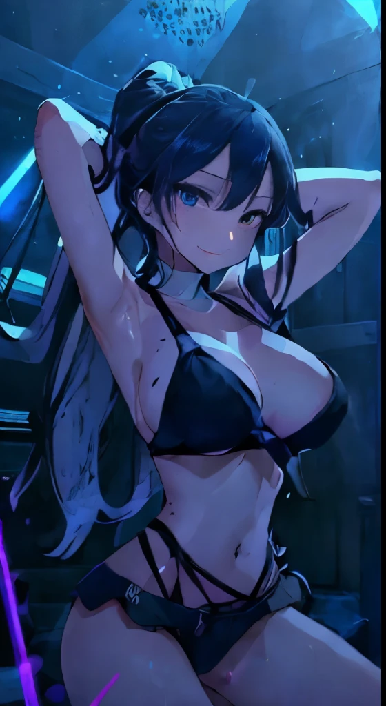 top-quality、Top image quality、masterpiece、girl with((cute little、18year old、Best Bust、Medium bust、Bust 85,Beautiful blue eyes、Breasts wide open,Long Black Hair、A slender、Middle knot、Black Sports Bra、White short skirt,Reflecting the whole body、Black perforated gloves、Sweating、a smile、Splattering sweat、Wrap a towel around your neck、Holding a plastic bottle))hiquality、Beautiful Art、Background with((clubhouse、Blue lighting、Purple Laser Illumination、Red laser illumination,Yellow laser illumination,fitness club、natta、Virtual Worlds)),masutepiece、Elaborate design、visualart、depth of fields、The best lighting、highestdetailed、8k,Super delicate