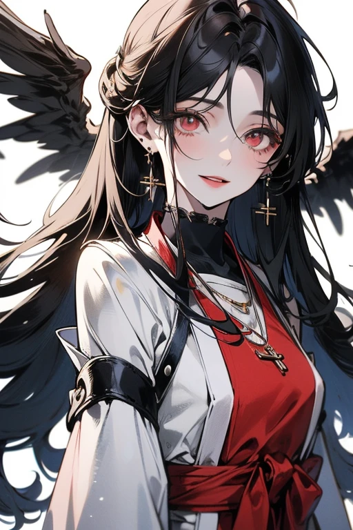 ((最高品質)), ((傑作)), (詳しい), 完璧な顔female, woman, hopeful, smiling, looking at viewer, long hair, wave hair, black hair, red eyes, eyes open, big eyes, pale skin, fair skin, shiny skin, detailed skin, detailed face, tall, slim, t-shirt, piercing, necklace, delicate facial features, 20-year-old, white background, beautiful, light atmosphere, headshot, from front, high brightness colors, highly saturated colors, beautiful, high quality, photorealistic, anime, 3D render, main artwork, voluptuous,ultra detailed, beautiful, woman, happy, blissful, hopeful, intelligent, smiling, looking at viewer, looking ahead, front view, long hair, wavy hair, shiny hair, black hair, pink hair, red eyes, purple eyes, eyes open, big eyes, wide-eyed, pale skin, fair skin, shiny skin, detailed face, detailed skin, pale skin, slim, slender, voluptuous, piercing, earrings, delicate facial features, japanese idol, 20-year-old, young adult, ager, adult, white background, gray background, flat background, beautiful, cute, light atmosphere, anime, main artwork, icon, soft-edged, 2000s, headshot, from front, front view, full.face, dark red eye