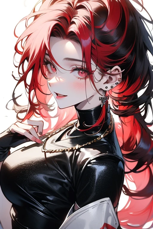 ((最高品質)), ((傑作)), (詳しい), 完璧な顔female, woman, hopeful, smiling, looking at viewer, long hair, wave hair, black hair, red eyes, eyes open, big eyes, pale skin, fair skin, shiny skin, detailed skin, detailed face, tall, slim, t-shirt, piercing, necklace, delicate facial features, 20-year-old, white background, beautiful, light atmosphere, headshot, from front, high brightness colors, highly saturated colors, beautiful, high quality, photorealistic, anime, 3D render, main artwork, voluptuous,ultra detailed, beautiful, woman, happy, blissful, hopeful, intelligent, smiling, looking at viewer, looking ahead, front view, long hair, wavy hair, shiny hair, black hair, pink hair, red eyes, purple eyes, eyes open, big eyes, wide-eyed, pale skin, fair skin, shiny skin, detailed face, detailed skin, pale skin, slim, slender, voluptuous, piercing, earrings, delicate facial features, japanese idol, 20-year-old, young adult, teenager, adult, white background, gray background, flat background, beautiful, cute, light atmosphere, anime, main artwork, icon, soft-edged, 2000s, headshot, from front, front view, full.face, dark red eye