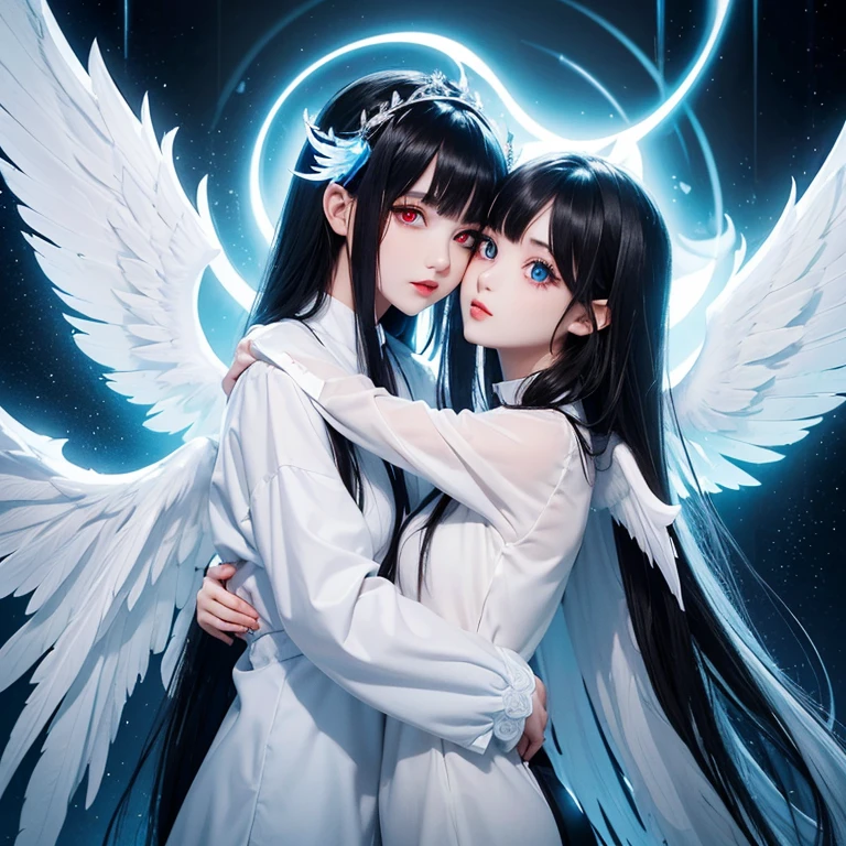 (extremely cute，Beautiful girl with white straight long hair and glowing blue eyes who glows white and has wings.，Black-haired devil-winged beauty with red eyes，The contrast is cute，Coquettish hug)，best quality，Extremely intricate details，masterpiece
