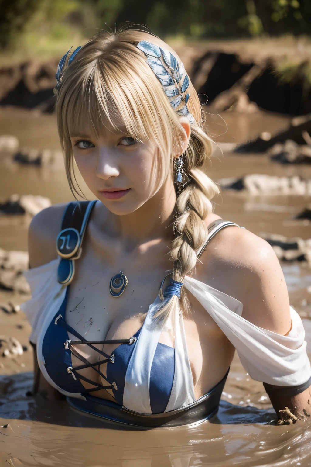 Dirty Sophitia,dirty sophitia,upper body up,close up of face,Sophitia with a pained expression on her face,Sophitia frowns.,surreal写真, 泥にdirty sophitia, open your mouth, bright red lipstick, Mud flows thickly over my body, high heels covered in mud, choker with mud, muddy decollete, There&#39;s mud on my face, Muddy face, 18 year old woman covered in mud,､ Underbust corset with mud splash, muddy white fishnet tights, hair covered in mud, muddy corset,  medium chest size, long legs,, Natural skin texture with plenty of mud, 4K texture,  outdoor atmosphere, surreal,Sophitia covered in mud,Sophitia covered in mud､blonde dirty hair,blonde long hair,Braid,blue eyes,jewelry,arm,cleavage,sword,armor,shield,earrings,single Braid,belt,covered nipples,armored ドレス,hair ornaments,holding arm,Very long blonde hair,lips,bare shoulders,bangs,gloves,hair ribbon,necklace,skirt,clavicle,feather,revealing clothes,bangle,elbow gloves,greek clothing,Braided ponytail,High resolution, scenery,masterpiece,very dirty clothes,dirty smell,lie on your back in the mud,swim in the mud,fall into the mud