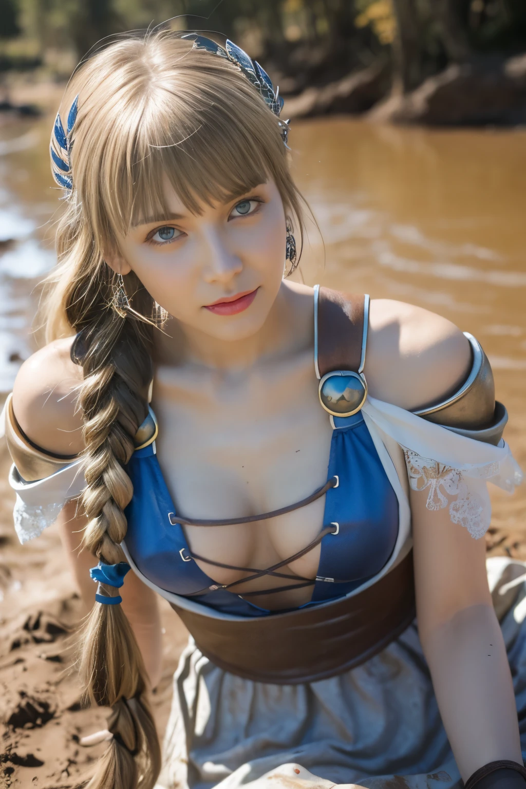 Dirty Sophitia,dirty sophitia,upper body up,close up of face,Sophitia with a pained expression on her face,Sophitia frowns.,surreal写真, 泥にdirty sophitia, open your mouth, bright red lipstick, Mud flows thickly over my body, high heels covered in mud, choker with mud, muddy decollete, There&#39;s mud on my face, Muddy face, 18 year old woman covered in mud,､ Underbust corset with mud splash, muddy white fishnet tights, hair covered in mud, muddy corset,  medium chest size, long legs,, Natural skin texture with plenty of mud, 4K texture,  outdoor atmosphere, surreal,Sophitia covered in mud,Sophitia covered in mud､blonde dirty hair,blonde long hair,Braid,blue eyes,jewelry,arm,cleavage,sword,armor,shield,earrings,single Braid,belt,covered nipples,armored ドレス,hair ornaments,holding arm,Very long blonde hair,lips,bare shoulders,bangs,gloves,hair ribbon,necklace,skirt,clavicle,feather,revealing clothes,bangle,elbow gloves,greek clothing,Braided ponytail,High resolution, scenery,masterpiece,very dirty clothes,dirty smell,lie on your back in the mud,swim in the mud,fall into the mud