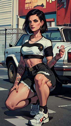 Make it look like a gta artwork, white crop top, black shorts