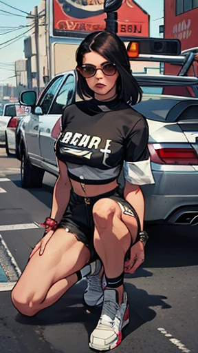 Make it look like a gta artwork, white crop top, black shorts