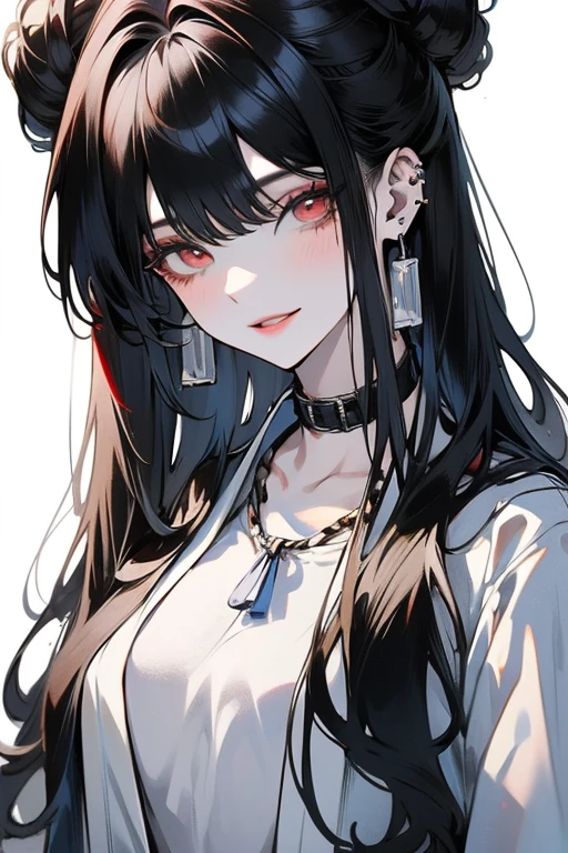((最高品質)), ((傑作)), (詳しい), 完璧な顔female, woman, hopeful, smiling, looking at viewer, long hair, wave hair, black hair, red eyes, eyes open, big eyes, pale skin, fair skin, shiny skin, detailed skin, detailed face, tall, slim, t-shirt, piercing, necklace, delicate facial features, 20-year-old, white background, beautiful, light atmosphere, headshot, from front, high brightness colors, highly saturated colors, beautiful, high quality, photorealistic, anime, 3D render, main artwork, voluptuous,ultra detailed, beautiful, woman, happy, blissful, hopeful, intelligent, smiling, looking at viewer, looking ahead, front view, long hair, wavy hair, shiny hair, black hair, pink hair, red eyes, purple eyes, eyes open, big eyes, wide-eyed, pale skin, fair skin, shiny skin, detailed face, detailed skin, pale skin, slim, slender, voluptuous, piercing, earrings, delicate facial features, japanese idol, 20-year-old, young adult, teenager, adult, white background, gray background, flat background, beautiful, cute, light atmosphere, anime, main artwork, icon, soft-edged, 2000s, headshot, from front, front view, full.face, dark red eye