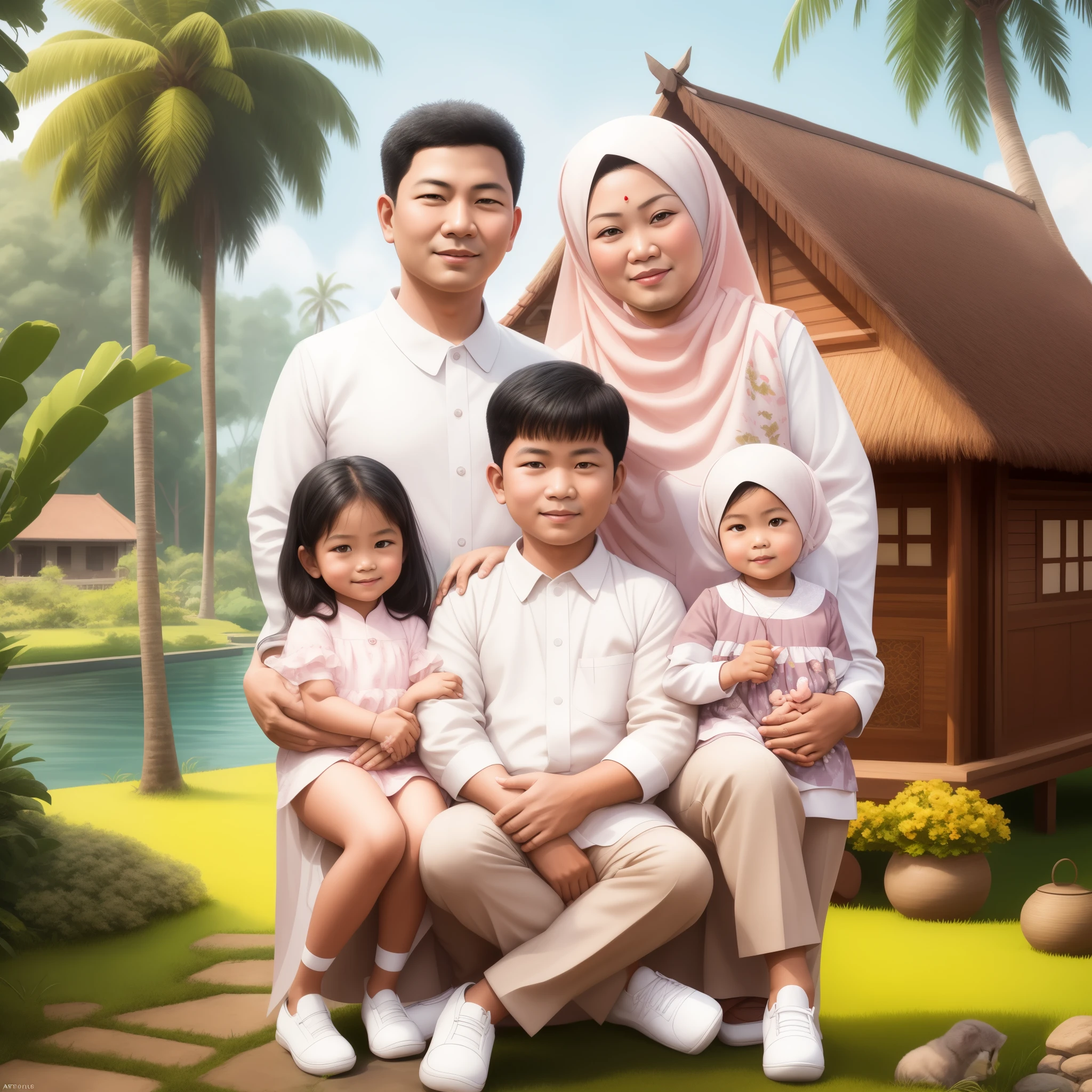 arafed family posing for a picture in front of a house, an indonesian family portrait, happy family, realism artstyle, family portrait, digital cartoon painting art, cartoon digital painting, cartoon digital art, barong family, digital art cartoon, cartoon style illustration, full protrait, potrait, realistic cartoon, photorealistic!!!!!!! art style, 
