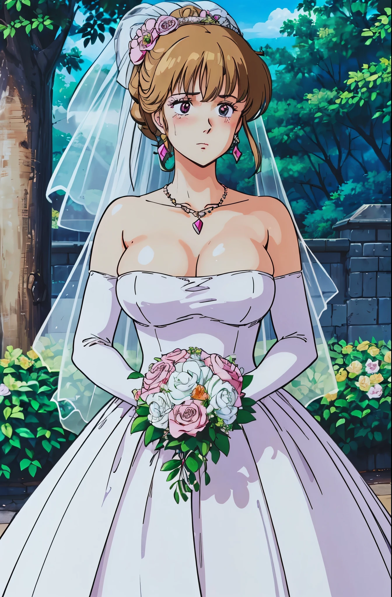 best quality,cityhunt3er,
ponytail,Gurwitz,pillory,Head flail,hand flail,flail,(bridal veil:1.5),(short sheer veil:1.5),Blushing face,Head flower,headgear,(tube top wedding dress:1.5),(Silk dress:1.2),(Strapless wedding dress:1.5),Bouquet,pure white dress,necklace,earrings,(large breasts:1.3),Deep V peach heart collar wedding dress,Bangs,lipstick,(lace gloves:1.3),Bust photo,High detail RAW color art,Tyndall phenomenon