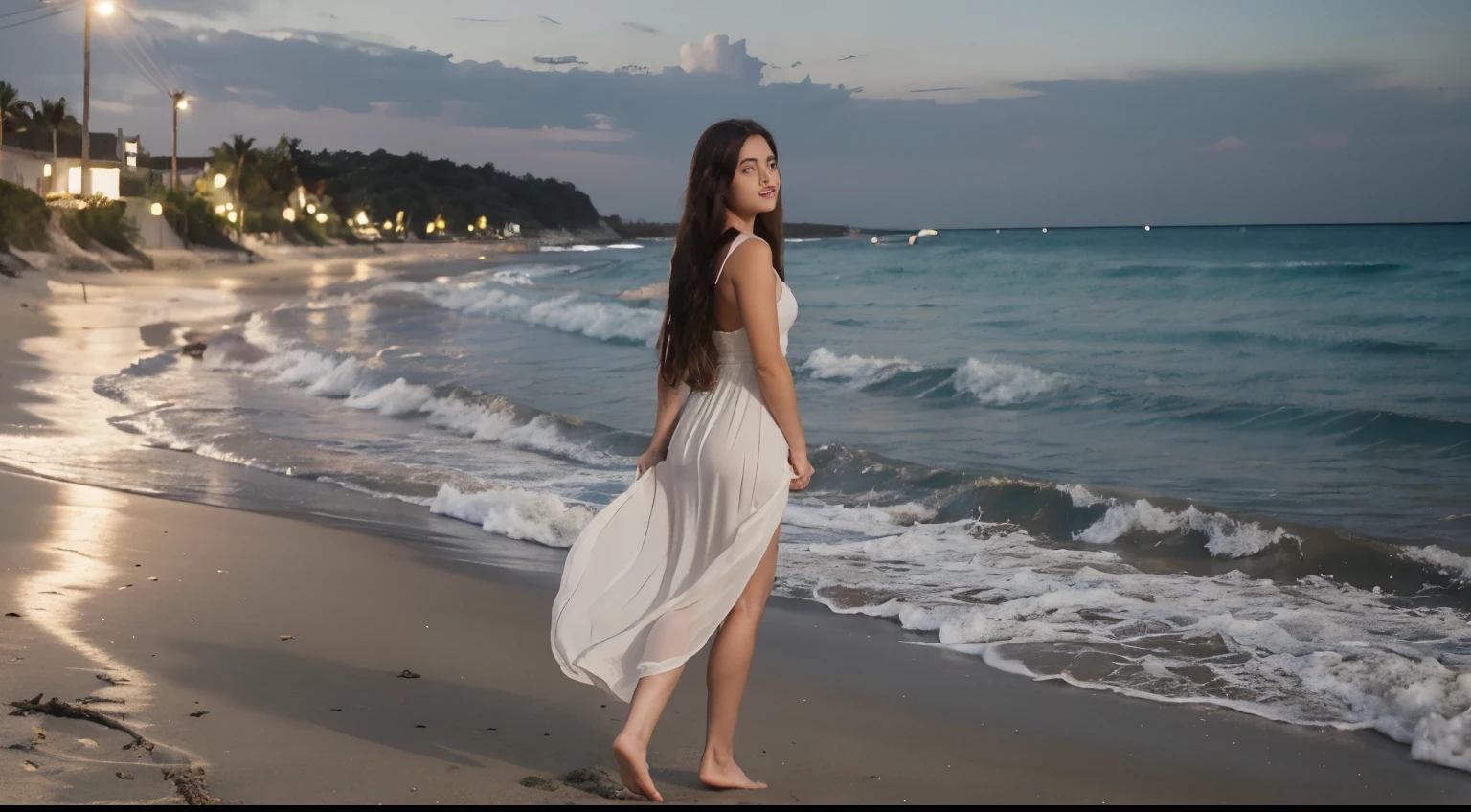 a brunette girl with light skin and dark eyes in a white dress with long hair down to her butt walking along the beach at night barefoot