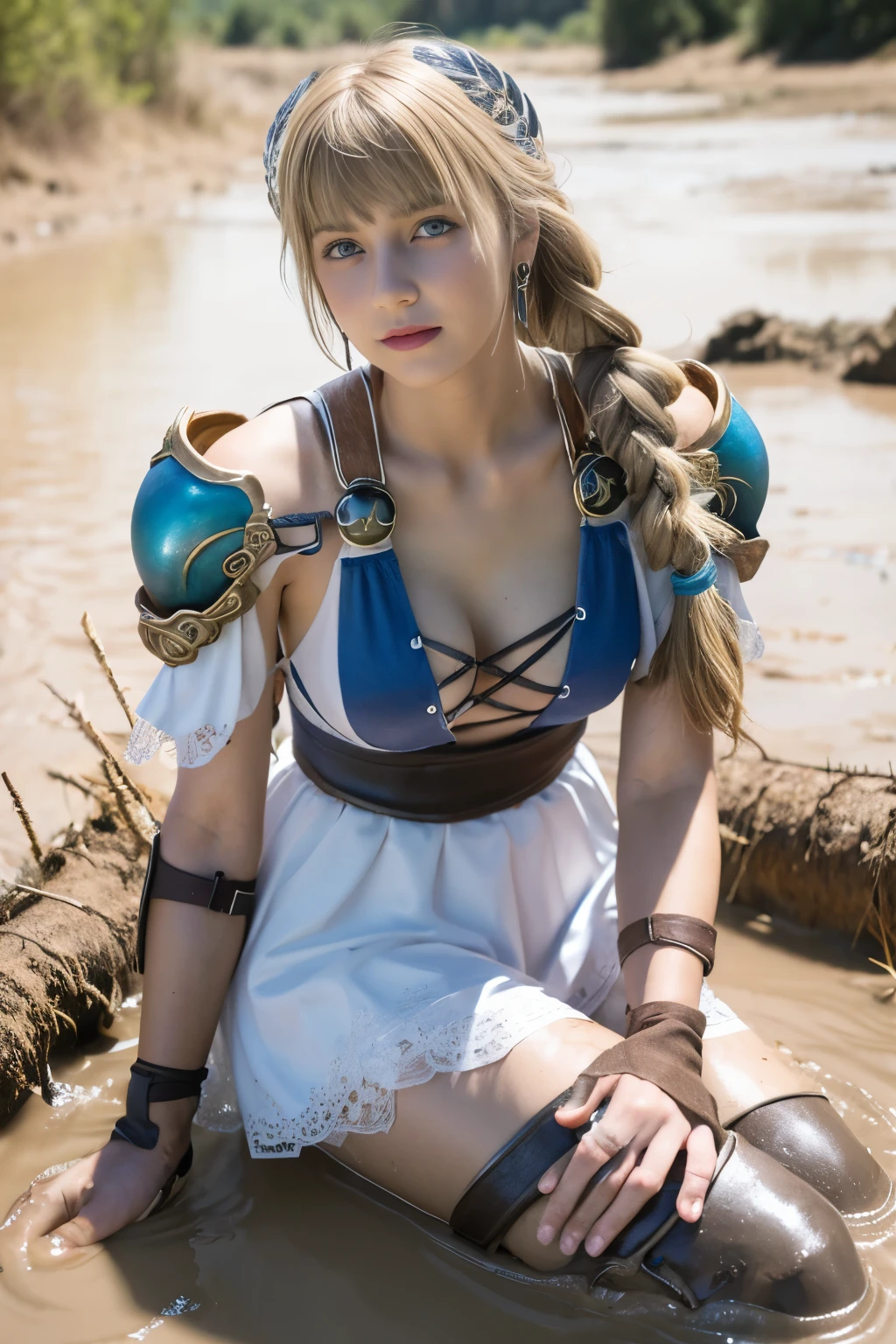 Dirty Sophitia,dirty sophitia,upper body up,close up of face,Sophitia with a pained expression on her face,Sophitia frowns.,surreal写真, 泥にdirty sophitia, open your mouth, bright red lipstick, Mud flows thickly over my body, high heels covered in mud, choker with mud, muddy decollete, There's mud on my face, Muddy face, 18 year old woman covered in mud,、 Underbust corset with mud splash, muddy white fishnet tights, hair covered in mud, muddy corset, medium chest size, long legs,, Natural skin texture with plenty of mud, 4K texture, outdoor atmosphere, surreal,Sophitia covered in mud,Sophitia covered in mud、blonde dirty hair,blonde long hair,Braid,blue eyes,jewelry,arm,cleavage,sword,armor,shield,earrings,single Braid,belt,covered nipples,armored ドレス,hair ornaments,holding arm,Very long blonde hair,lips,bare shoulders,bangs,gloves,hair ribbon,necklace,skirt,clavicle,feather,revealing clothes,bangle,elbow gloves,greek clothing,Braided ponytail,High resolution, scenery,masterpiece,very dirty clothes,dirty smell,lie on your back in the mud,swim in the mud,fall into the mud