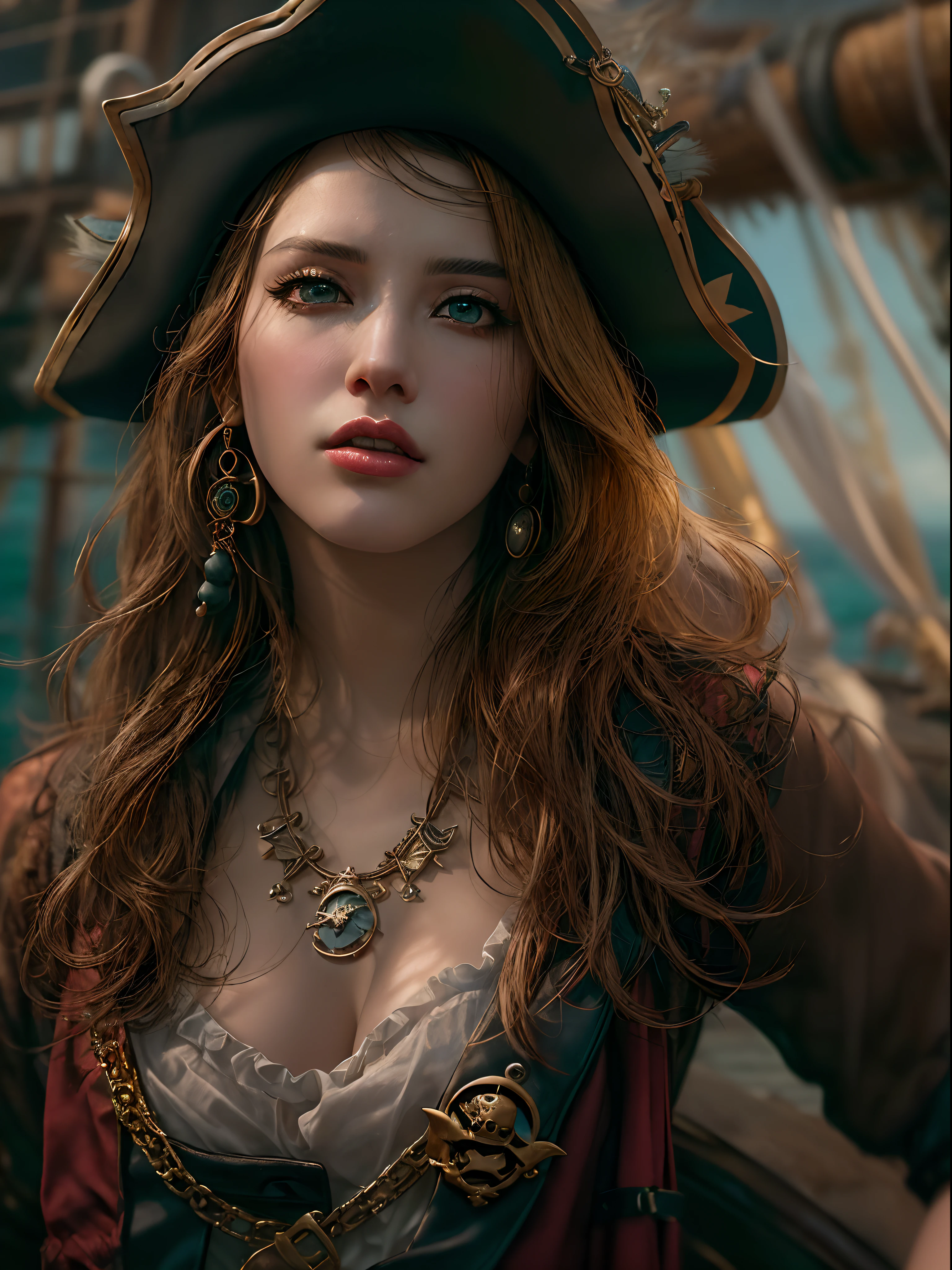 (obra de arte, Seductive depiction of a sensual pirate in seductive pirate costumes:1.3), (Captivating portrait that exudes a perfect blend of fascination and adventure:1.2), (meticulosamente trabalhada para destacar o charme cativante do personagem:1.2), (uma sedutora pirata adornada com roupas de pirata sedutoras que acentuam sua figura:1.1), (a balance between classic pirate elements and a modern touch of sensuality:1.1), (His confident and bold expression adds to his enigmatic allure:1.1), (meticulous attention paid to the details of his costume, from low neckline to intricate accessories:1.1), (a backdrop that captures the essence of a pirate's world, com pitadas de tesouro e aventura:1.1), (A portrait that evokes a sense of intrigue and adventure while embracing sensuality:1.1), (the fusion of seductive aesthetics and the spirit of piracy creating a visually captivating composition:1.1), (uma imagem que leva os espectadores a imaginar os contos e escapadas desse encantador personagem pirata:1.1), (A work of art that celebrates fantasy and fascination in a vibrant and captivating way:1.1), (An invitation to embrace the allure of the high seas and the intriguing world of a sensual pirate:1.1)), cinematographic, hiper-detalhado, detalhes insanos, Lindamente graduado em cores, motor irreal, dof, Super-resolution, megapixel, cinematographic Lightning, Anti-aliasing, FKA, THAI, RTX, SSAO, post-processing, post production, Mapeamento de tons, CGI, Efeitos visuais, efeitos sonoros, incrivelmente detalhado e intrincado, Hiper maximalista, hiper-realista, volumetric, fotorrealista, ultra fotorreal, ultra-detalhado, detalhes intrincados, super detalhado, Cor total, volumetric lightning, HDR, realista, motor irreal, 16k, sharp focus, Octane rendering