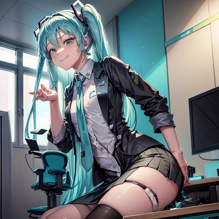 Masterpiece, Hatsune Miku, giantess, looming over tiny guy, indoors, office worker uniform, glaring, smirk, intimidating, dominant, femdom, looking down on tiny guy, sitting on tiny guy, perspective of the tiny guy, sticking hand down her panties