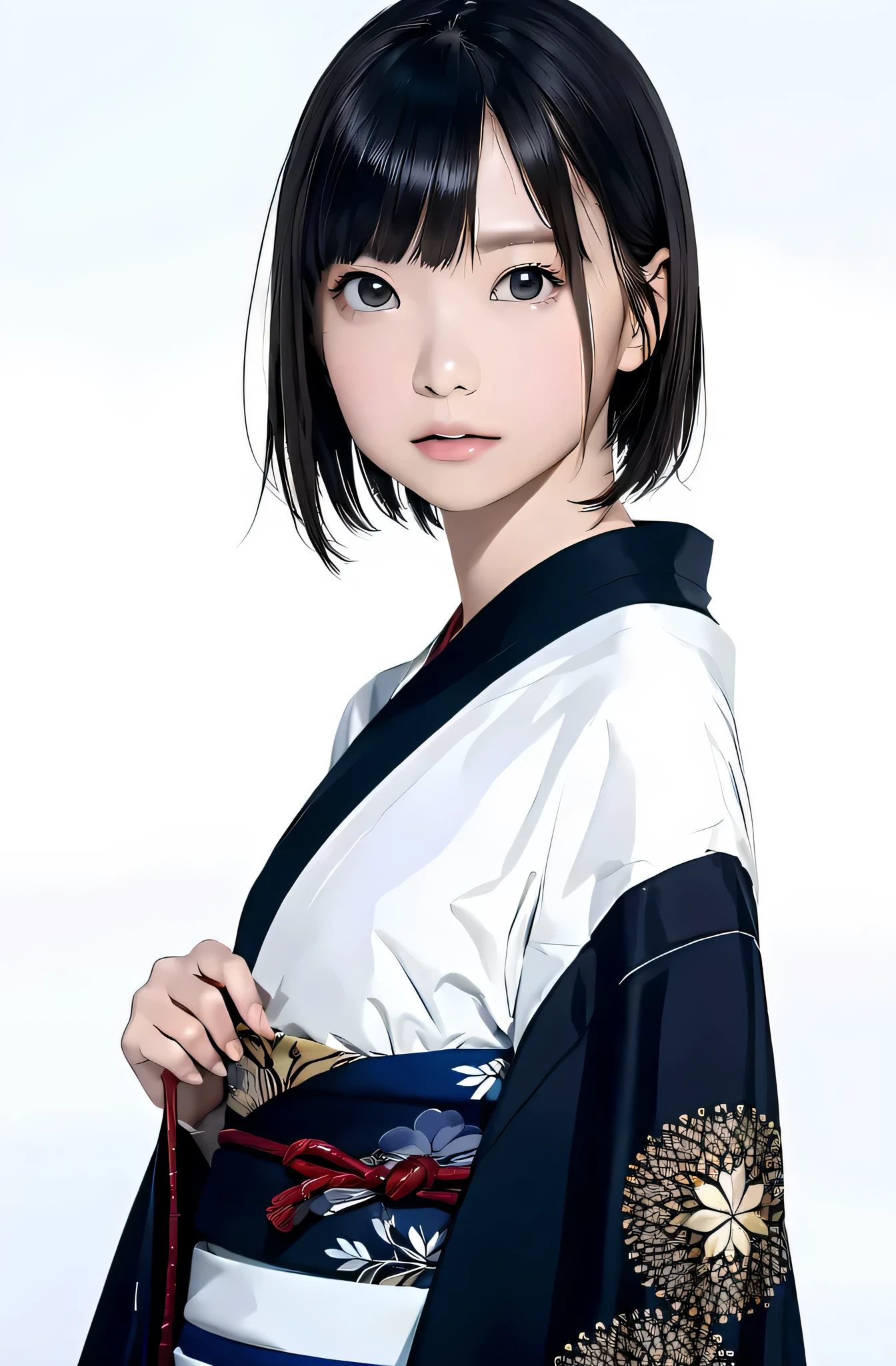 masterpiece、最high resolution、Extra fine、32K、midnight、look straight ahead、青 kimono、Twelve Simple Kimonos、short hair、black hair、diagonal bangs、masterpiece、最High resolution、(It&#39;photorealistic:1.4)、超High resolution、Unity 8K、(beautiful detailed eyes:1.6)、symmetry、high definition face、perfect sentence、(perfect hands、perfect anatomy)、(background white:1)、High resolution、最High resolution、short hair detail、high quality、visual art