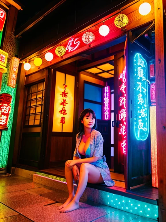 A view from the front of the entrance of a Japanese restaurant。colorful neon。Inside the entrance, you can see the whole body of a young woman sitting in a hana undergarment.。Make your face realistic。baby face。Japanese style。There is an old woman on the street who is in charge of attracting customers.。