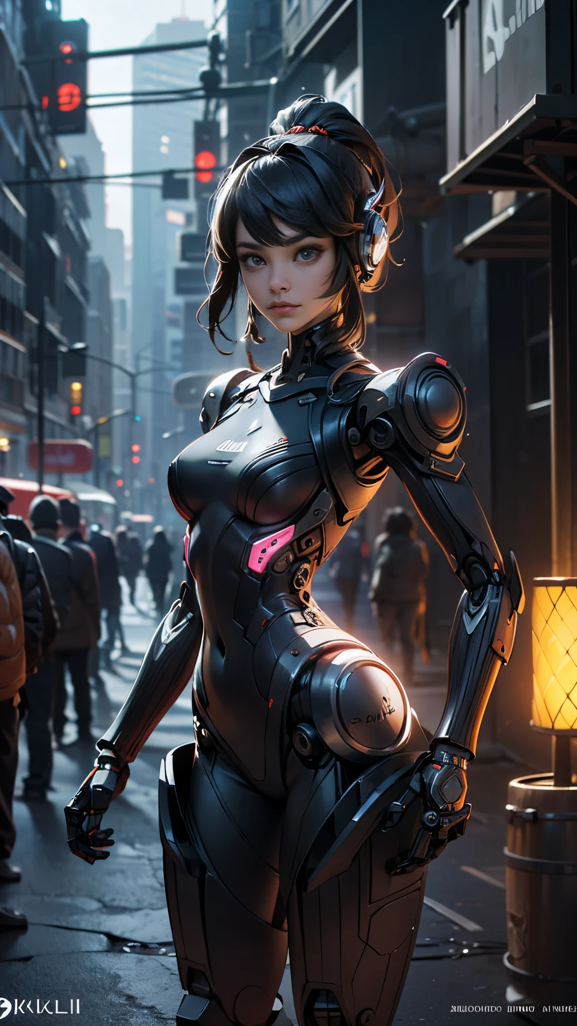 (La mejor calidad,A high resolution,Ultra - detallado,actual),super-hero girl ("elle fanning"), (cuerpo delgado:1.3), Emisivo, Espumoso, neon, (Correct anatomy:1.4), (fondo ciudad Tokio cyberpunkAI apocalyptic:1.4) ,(robotic organs:1.4), pelo corto de duendecillo ,(hermosos ojos azules), (pose vaquero ), (realistic) ,Arte detallado de alta calidad 8K, Fanart Mejor ArtStation, Fantasy art style , (Perfect anatomy )