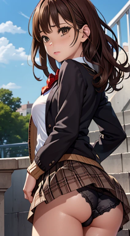 ((table top, highest quality, High resolution, nfsw, perfect pixel,  4K, nffsw, nffsw))), three girls,  beautiful woman、I could see the whole body、 ((middle wavy hair, bangs, brown hair)), ((brown eyes, beautiful eyelashes, realistic eyes)), ((detailed face, blush:1.2)), ((smooth texture:0.75, realistic texture:0.65, realistic:1.1, Anime CG style)), medium breasts, dynamic angle, perfect body,  ((red bow tie, school uniform, black jacket, open jacket, Brown cardigan, white shirt, black skirt, plaid skirt)), City staircase、Angle looking up from the bottom of the stairs、very embarrassing panic, looked back、leaning forward、(The wind flipped my skirt and exposed my butt.........................、black lace panties、hand down panties)、