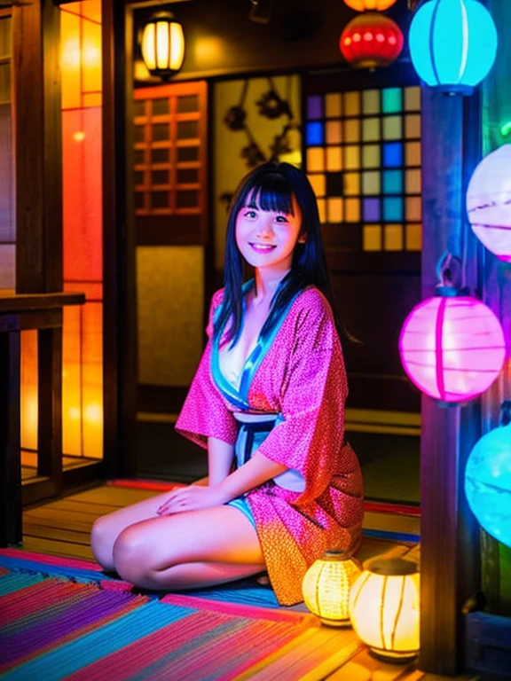 A view from the front of the entrance of a Japanese restaurant。colorful neon lights and decorations。On the floor of the entrance, you can see the whole body of a young woman wearing a hana and sitting on a cushion.。Half-naked cleavage in kimono。Breasts exposed。meaty thighs。plump body。Realistic smiling baby face。