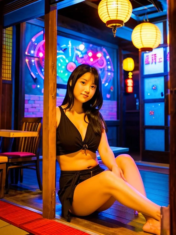 A view from the front of the entrance of a Japanese restaurant。colorful neon lights and decorations。On the floor of the entrance, you can see the whole body of a young woman wearing a hana and sitting on a cushion.。cleavage in kimono。meaty thighs。plump body。Realistic -facee。