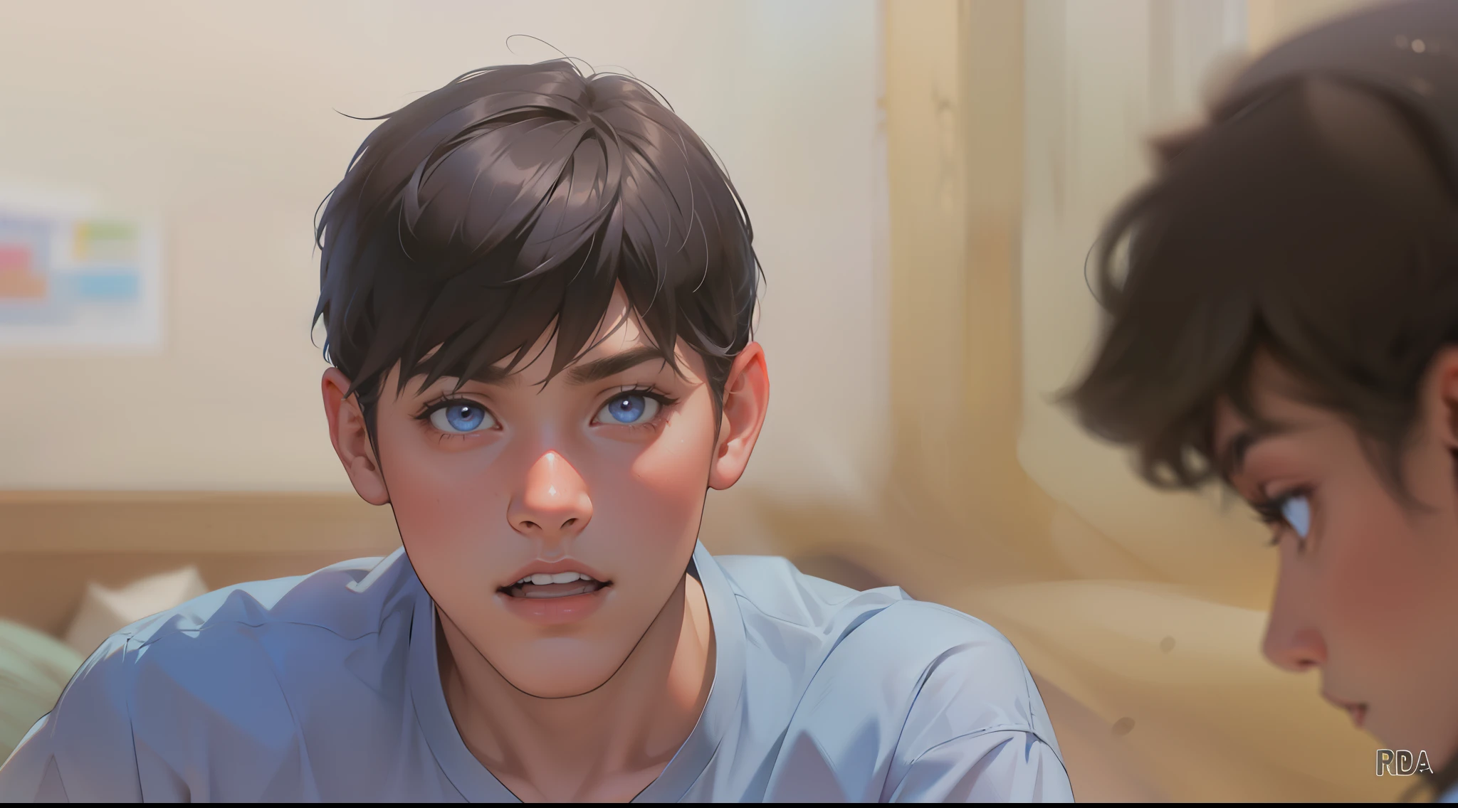 tiene cabello y ojos de color naranja , camisa de color azul cielo