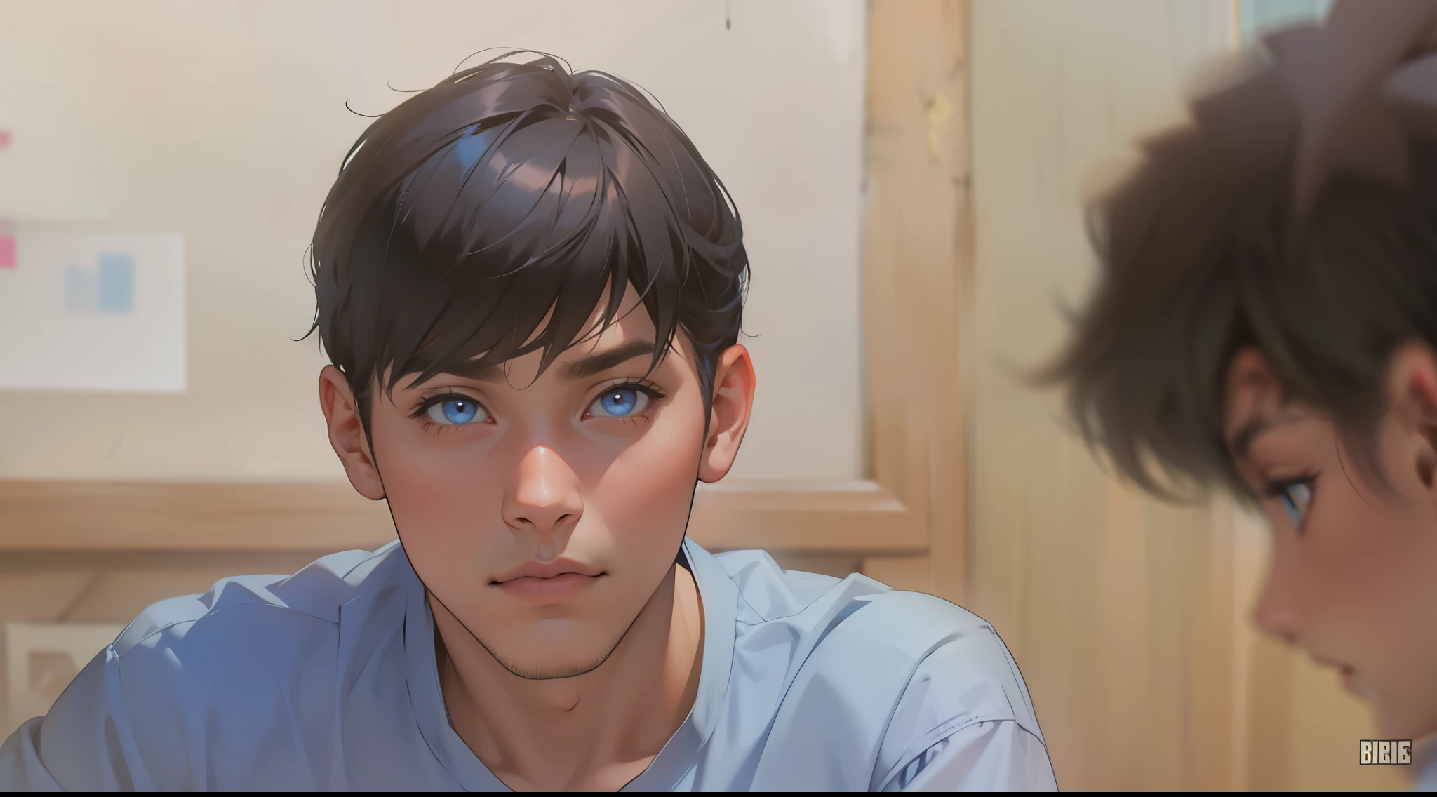 tiene cabello y ojos de color naranja , camisa de color azul cielo