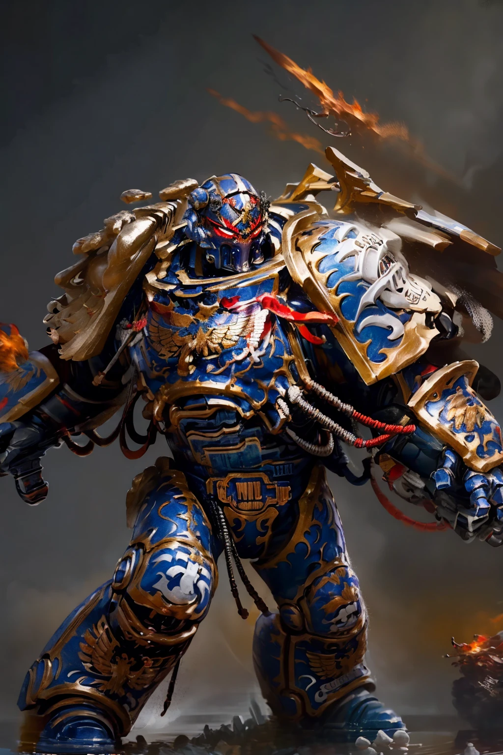 (highly detailed:1.4), digital render, smooth, sharp focus, full body 8k render, action shot, realistic reflections, cinematic composition, 1man, ((solo:1.3)), helmet detail, helm detail, glowing red eyes, (tall stature:1.1) guilliman, ammunition belt, arm cannon, holding sword, flaming sword, full armor.   