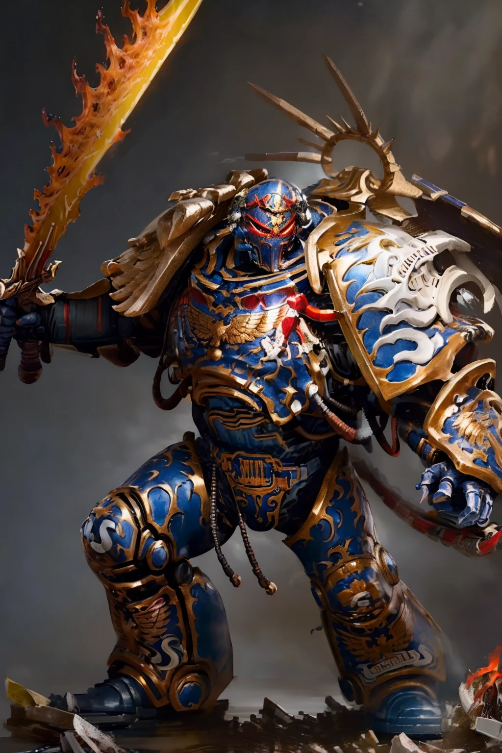 (highly detailed:1.4), digital render, smooth, sharp focus, full body 8k render, action shot, realistic reflections, cinematic composition, 1man, ((solo:1.3)), helmet detail, helm detail, glowing red eyes, (tall stature:1.1) guilliman, ammunition belt, arm cannon, holding sword, flaming sword, full armor.   