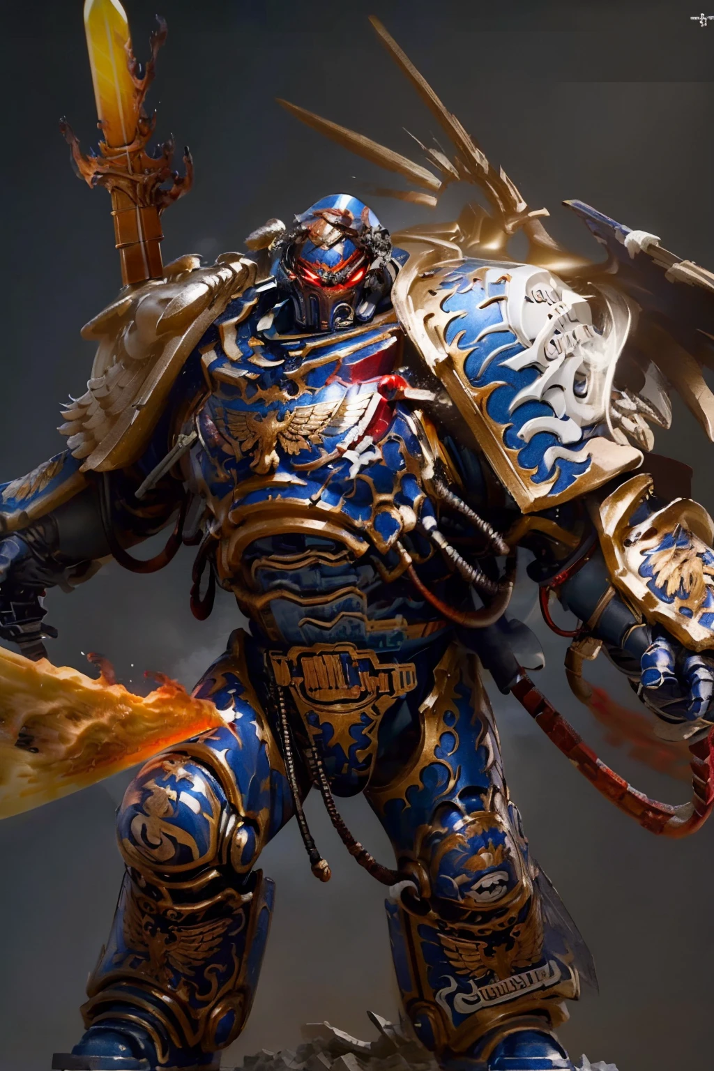 (highly detailed:1.4), digital render, smooth, sharp focus, full body 8k render, action shot, realistic reflections, cinematic composition, 1man, ((solo:1.3)), helmet detail, helm detail, glowing red eyes, (tall stature:1.1) guilliman, ammunition belt, arm cannon, holding sword, flaming sword, full armor.   