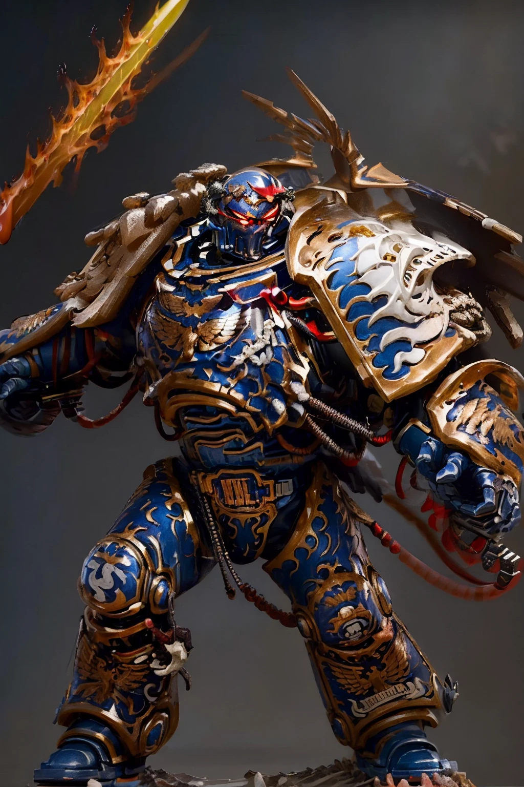 (highly detailed:1.4), digital render, smooth, sharp focus, full body 8k render, action shot, realistic reflections, cinematic composition, 1man, ((solo:1.3)), helmet detail, helm detail, glowing red eyes, (tall stature:1.1) guilliman, ammunition belt, arm cannon, holding sword, flaming sword, full armor.   