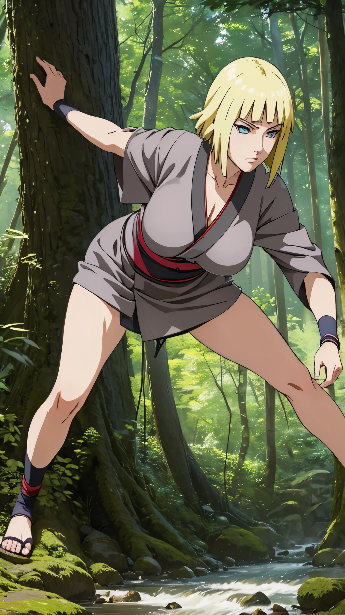 (best quality,4k,8k,highres,masterpiece:1.2),ultra-detailed,(realistic,photorealistic,photo-realistic:1.37),anime,portrait,Samui from Naruto,19-year-old girl,slim and flexible body,huge breasts,extremely detailed face and eyes,light-colored hair,long slim legs,combat stance (half squat),dressed in a kimono,in a forest background.