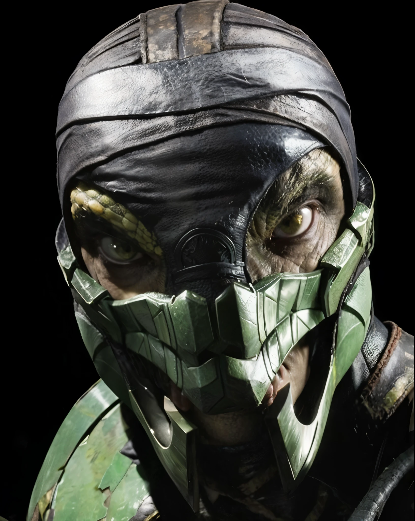 (masterpiece),(best quality:1.0),(ultra high resolution:1.0), reptile, mortal kombat, mask, green eyes, cloth on the head, closeup, detailed, face focus, 8k wallpaper