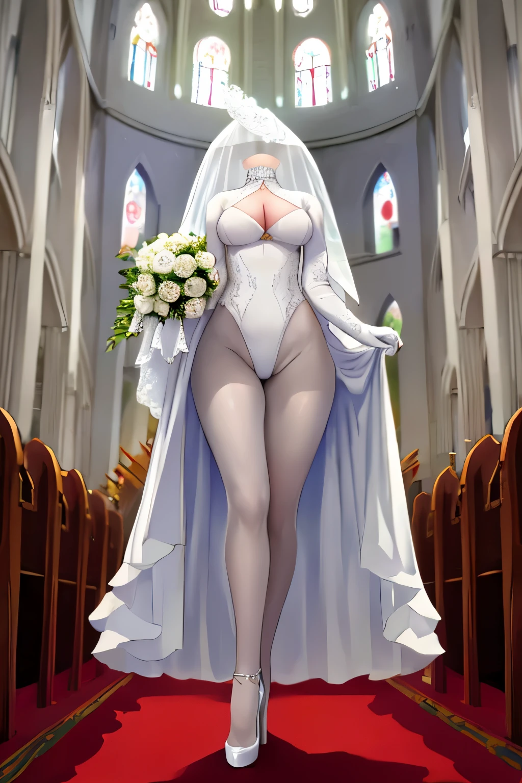 Highly detailed, High Quality, Masterpiece, beautiful, DisembodiedHead, 1girl, solo, headless, adult, wife, cleavage, wedding dress, long sleeve gloves, leotard, white pantyhose, high heel, walking, wedding, church, altar, full body,