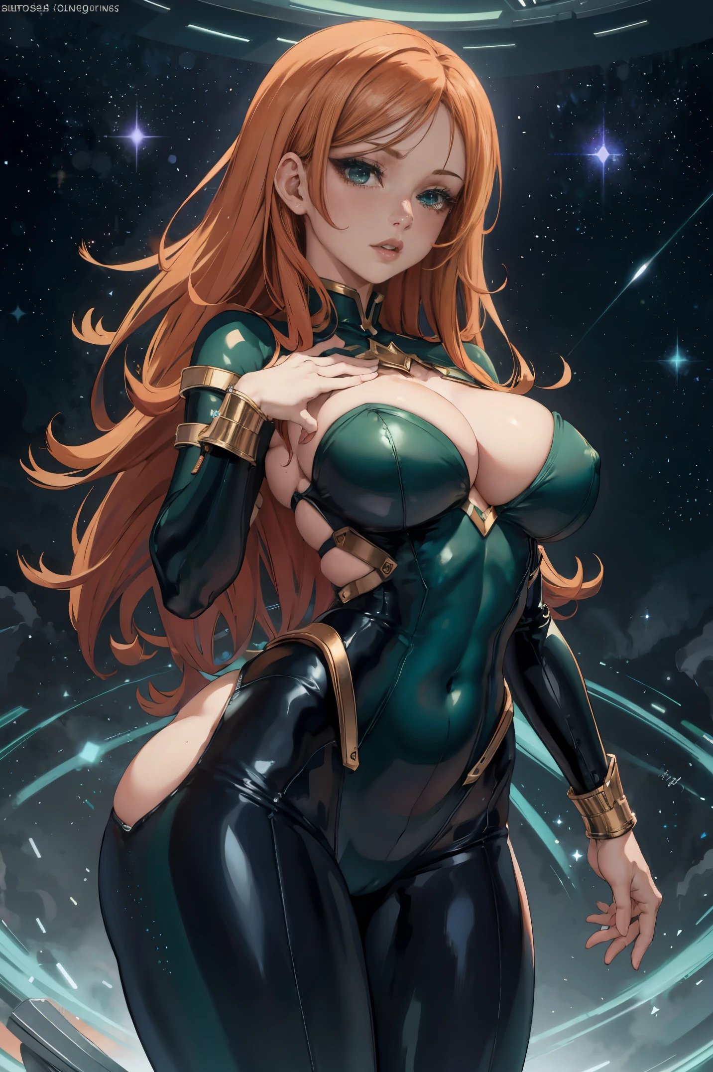 masterpiece, HD, best quality, kawaii, sparkles, stars, anime, 1 girl, anime girl, big breasts, hourglass figure, cleavage, wide hips, tight fitting clothes, green outfit, green eyes, pale skin, galaxy background, beautiful, long ginger hair, ginger hair girl, long hair, soft lips, gentle hands, delicate but dom, small waist, massive breasts and hips, galaxy, random expression, random pose