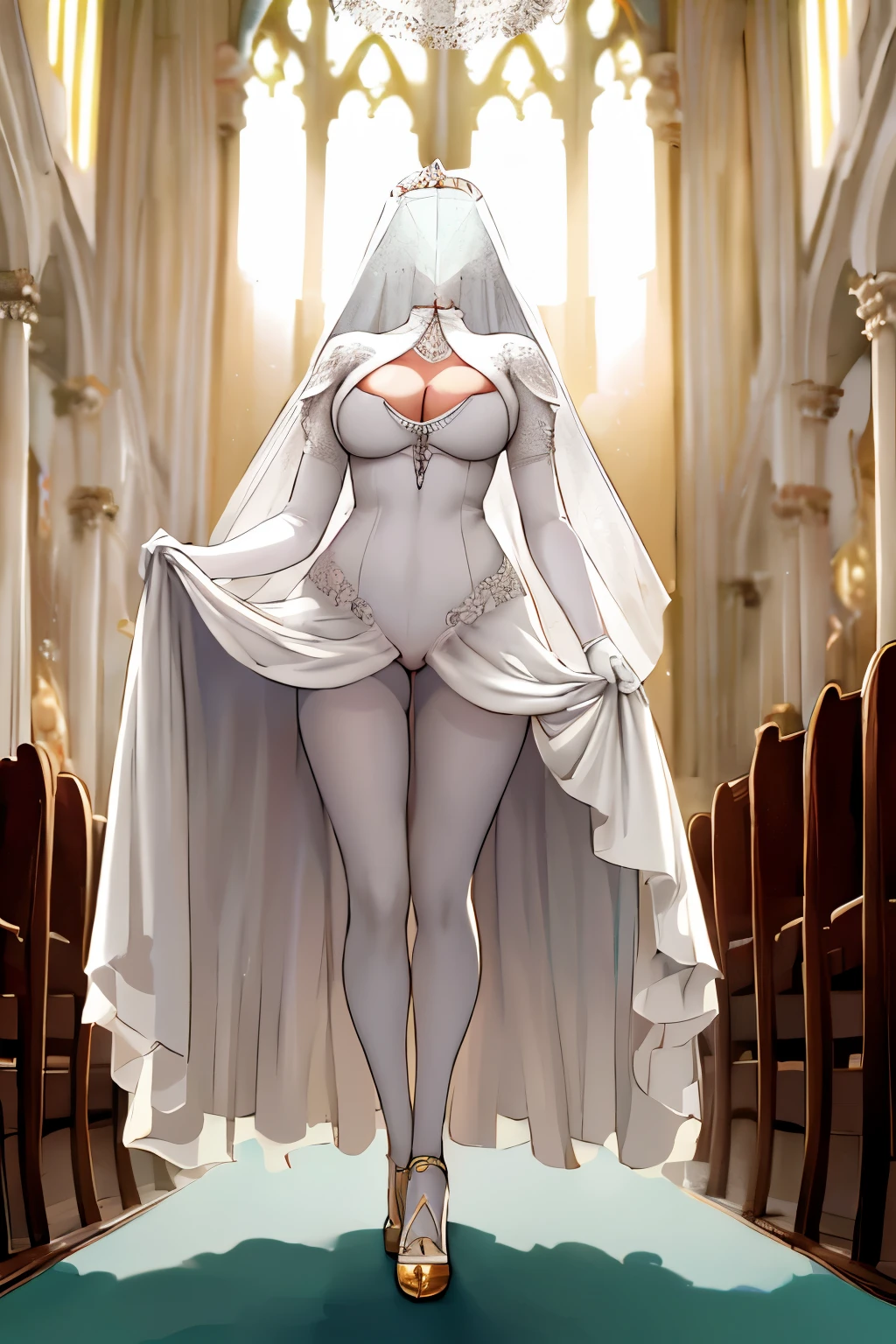 Highly detailed, High Quality, Masterpiece, beautiful, DisembodiedHead, 1girl, solo, headless, adult, bride, cleavage, wedding dress, long sleeve gloves, leotard, white pantyhose, high heel, walking, wedding, ceremony, church, altar, full body,