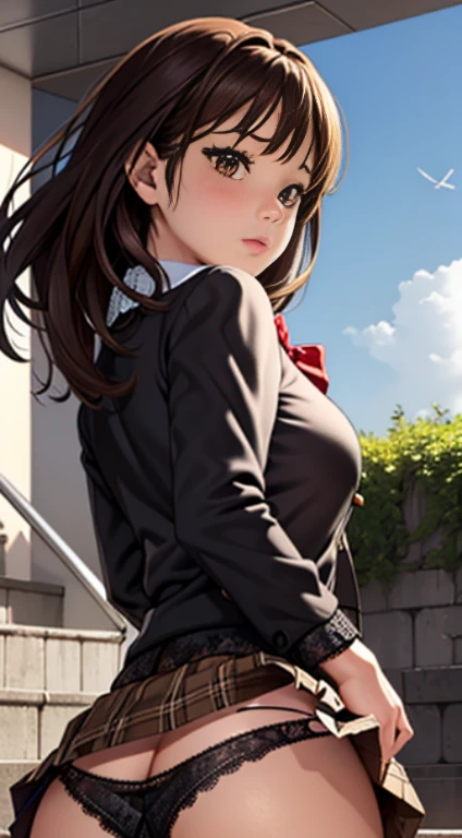 ((table top, highest quality, High resolution, nfsw, perfect pixel,  4K, nffsw, nffsw))), three girls,  beautiful woman、I could see the whole body、 ((middle wavy hair, bangs, brown hair)), ((brown eyes, beautiful eyelashes, realistic eyes)), ((detailed face, blush:1.2)), ((smooth texture:0.75, realistic texture:0.65, realistic:1.1, Anime CG style)), medium breasts, dynamic angle, perfect body,  ((red bow tie, school uniform, black jacket, open jacket, Brown cardigan, white shirt, black skirt, plaid skirt)), City staircase、Angle looking up from the bottom of the stairs、very embarrassing panic, looked back、leaning forward、(The wind flipped my skirt and exposed my butt.........................、black lace panties、hand in panties:2)、