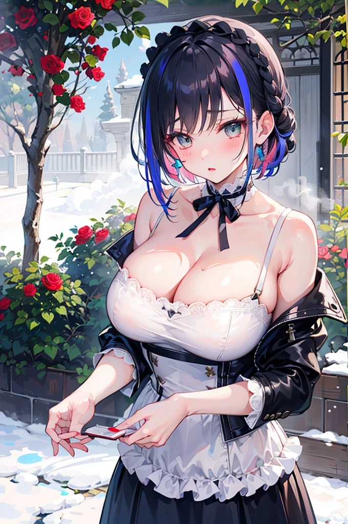 perfect human body,girl, mature female, mature, Beautiful wife,milf, long hair, french braid, side braid, Big, etc,blush, lipstick,(Very detailed background、snow,rose Garden), clavicle,(ultrashort)ta skirt,translucent,((woman with fever)), ((steam)), huge ,((The expression of color)), (blush:1.2),