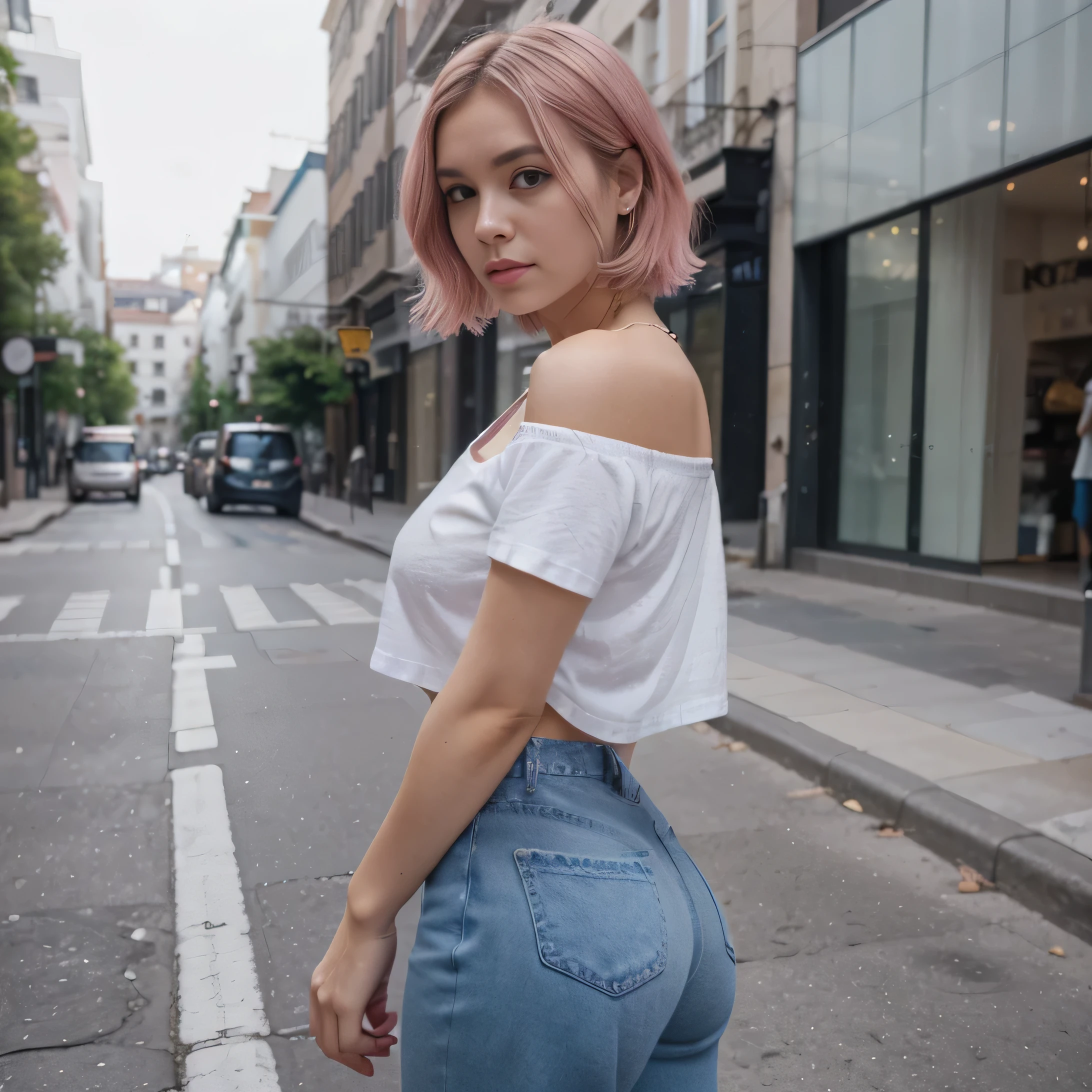 (realisitic、hight resolution:1.3)、seflie, 1 girl with a perfect figure、Super thin face and eyes、shorth blonde-pink hair、small boobs, rounded ass, Loose, stylish mom fit jeans, a simple white T-shirt, comfortable white sneakers. small, fashionable shoulder bag and minimalist jewelry, walking down the street