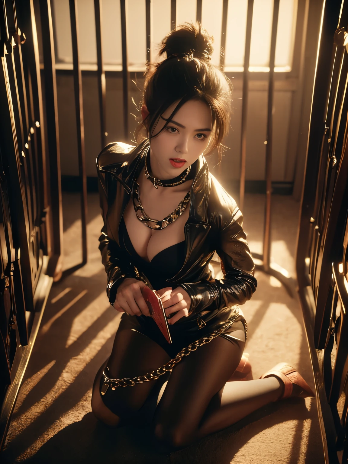 unparalleled beauty，Beautiful woman，scared look，(prison)，(prison)，(in a cage)，get down on all fours，crawl on hands and knees，kneeling position，Posture with butt sticking out，dog pose，((stick out tongue))，((drooling))，Kamimei，From above，(collar with chain)， With cuffs，fetters，surrealism, f/1.2, fujifilm, 35mm, 8K, Super detailed, nffsw, table top, rough skin, high quality, 最high quality, hard disk