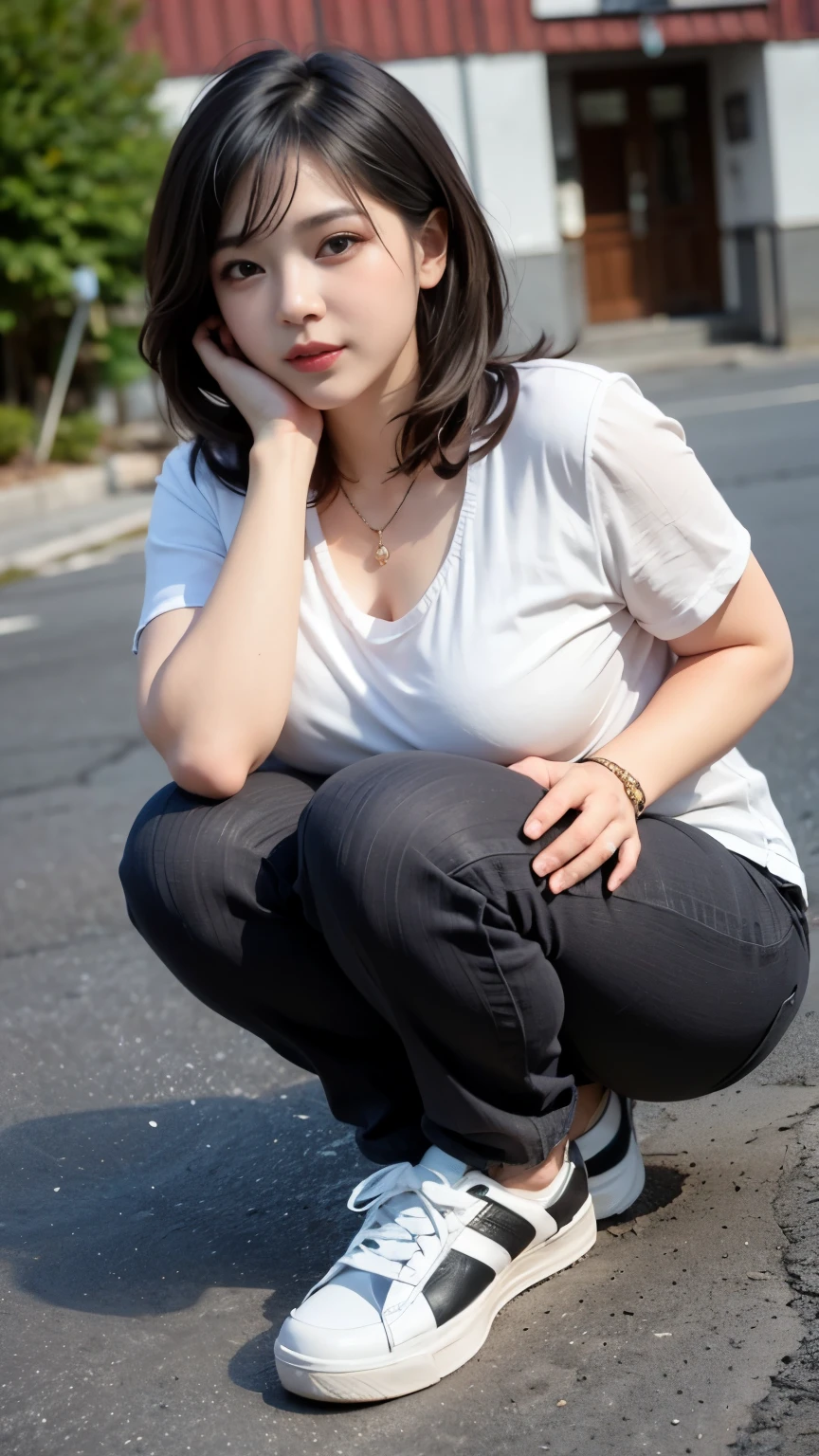 ((best quality)), (detailed), perfect face, chubby girl, pipi tembam, tampak full body, poni hair, berdiri, full body photoshoot, memakai sepatu sneaker, lengan chubby, kaki seksi, memakai kalung, paha tembam, wajah yang simetris, bibir seksi, mempesona, beauty chubby face, memakai gelang dikedua lengan, lengan penuh tato, wajah bayi, pipi merah, hidung pesek, berkarakter, korean mix russian girl, payudara ukuran h-cup, idealis