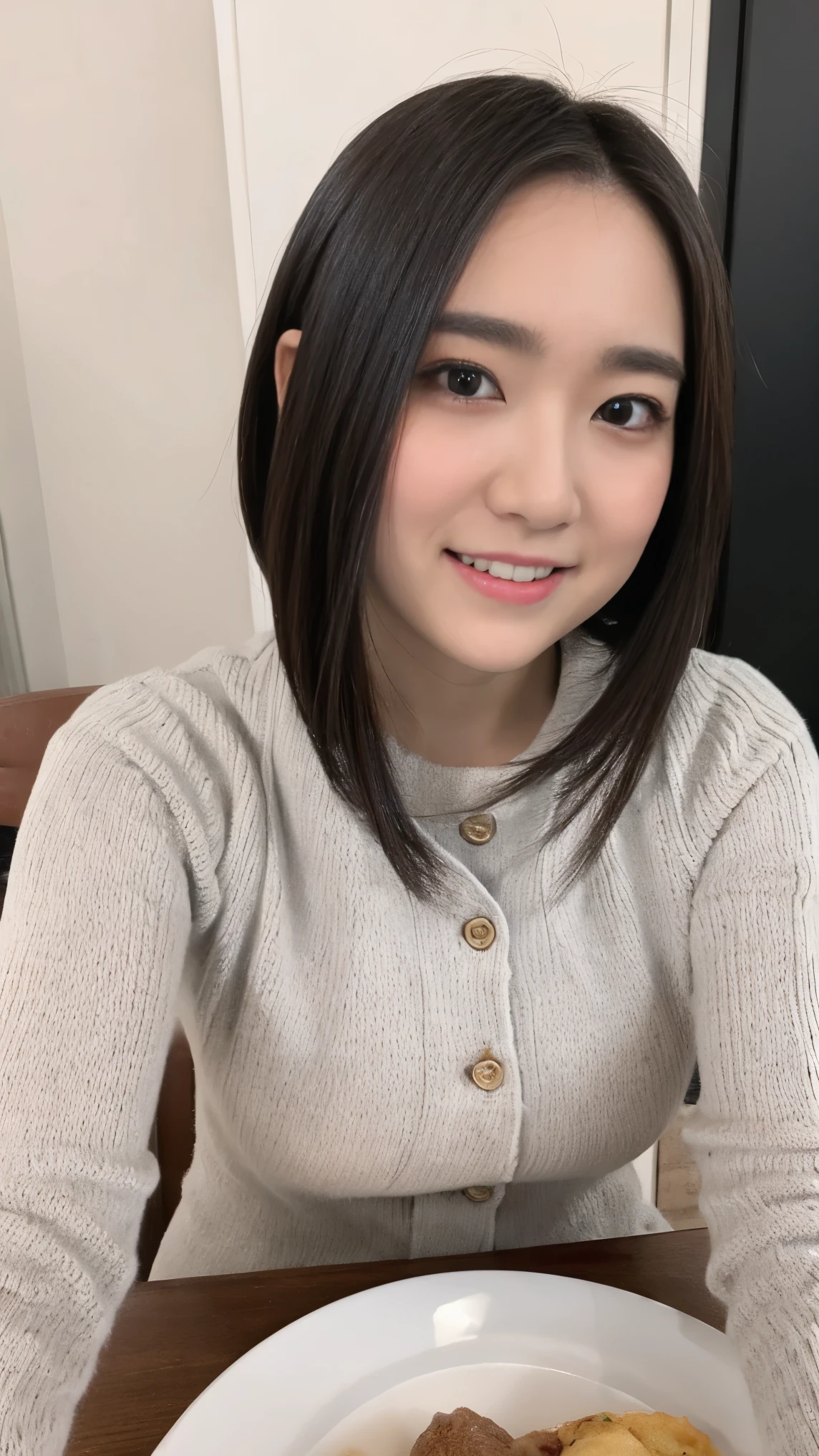 (8k、 highest quality、 masterpiece、 realistic、 Super detailed:1.3)、(Photoreal:1.2)、((Long knit sweater))、((beautiful japanese woman))、one woman、light brown hair、(big breasts1.8)、smart body、laughter、highly detailed face、detailed eye、(sitting in a chair)、nsfw、