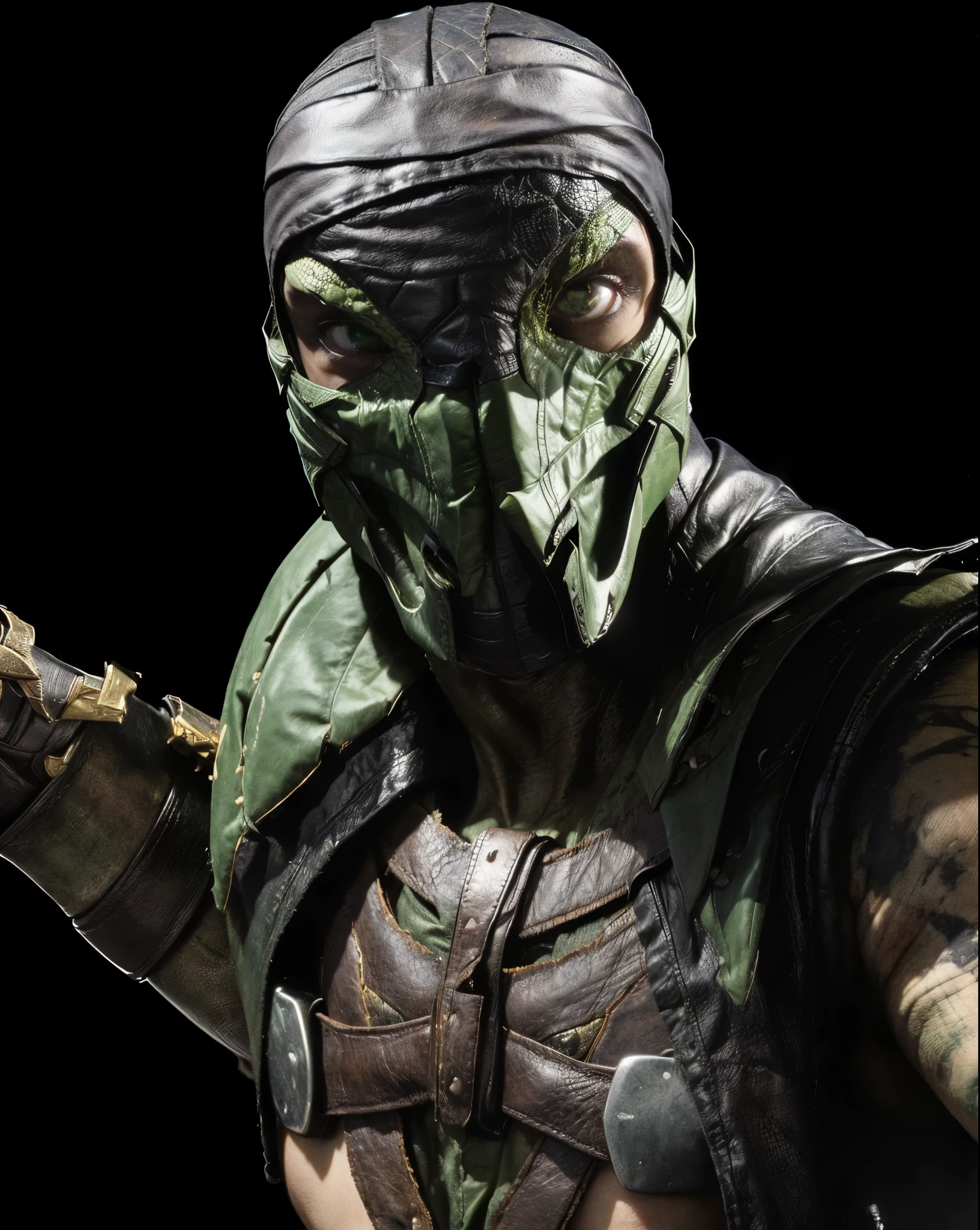 (masterpiece),(best quality:1.0),(ultra high resolution:1.0), reptile, mortal kombat, mask,small eyes, green eyes, cloth on the head, leather, closeup, detailed, face focus, 8k wallpaper