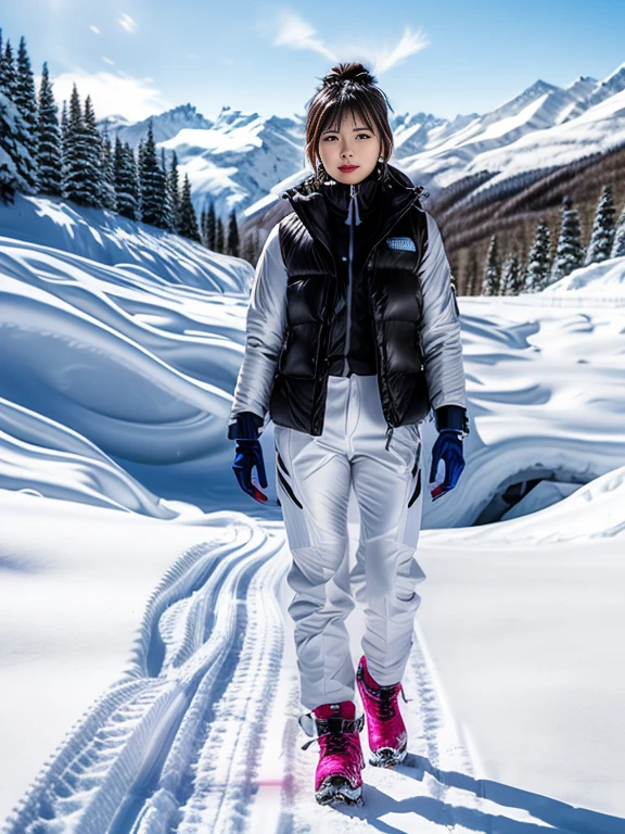 very detailed、masterpiece、(snow mountain background):1.3、a woman in a (white down vest at northface):1.4, white puffer vest and black pants posing for a picture, model is wearing techtical vest, sportswear, sportswear, かわいいsportswear, nanocarbon-vest, white!!, white coat, tech wear women pictures, 2 techwear women, catalog photo, stylish coat for rave, full body photo, future inflatable jacket, Miko, Kim Woo