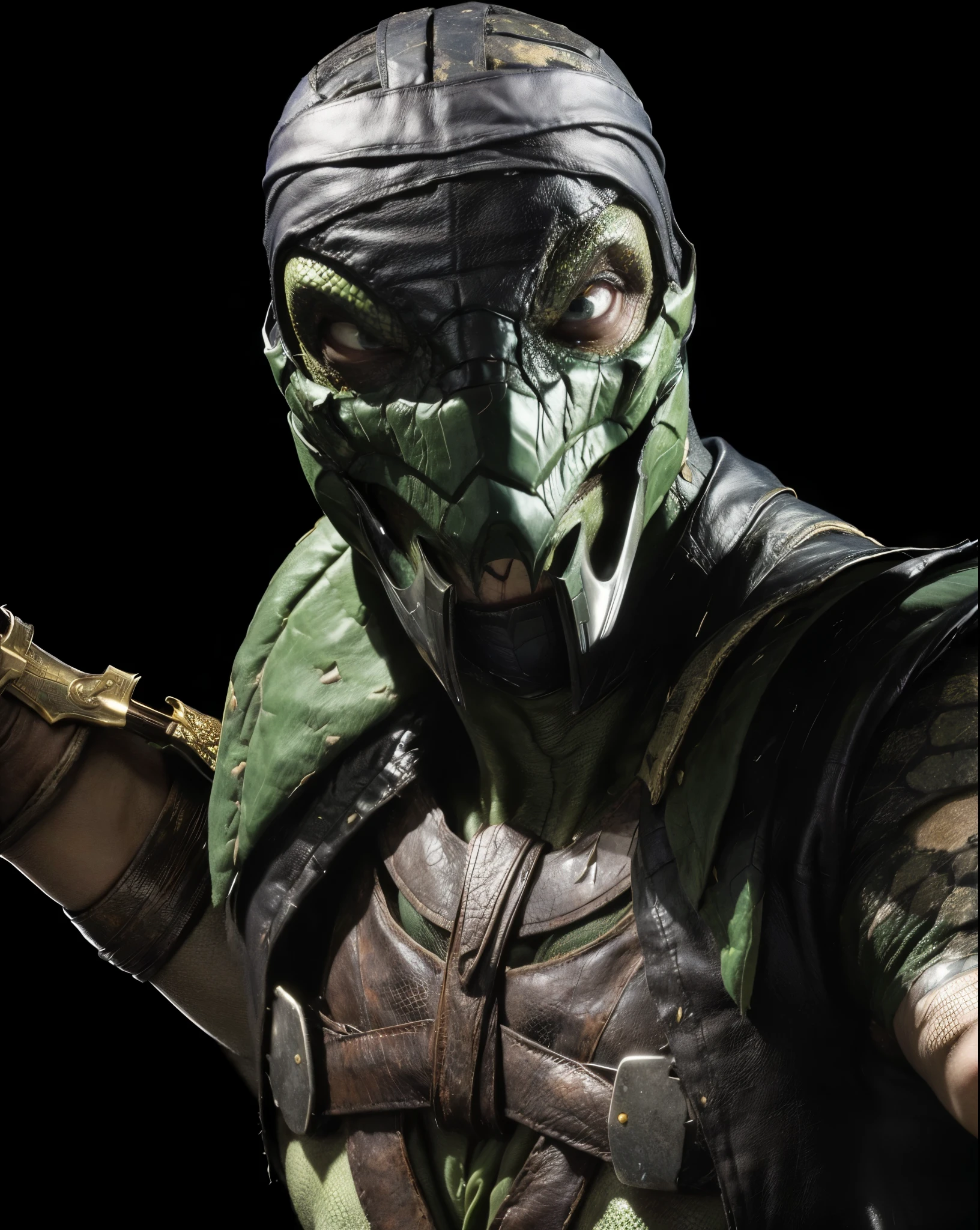 (masterpiece),(best quality:1.0),(ultra high resolution:1.0), reptile, mortal kombat, mask,small eyes, green eyes, cloth on the head, leather, scales, closeup, detailed, face focus, 8k wallpaper